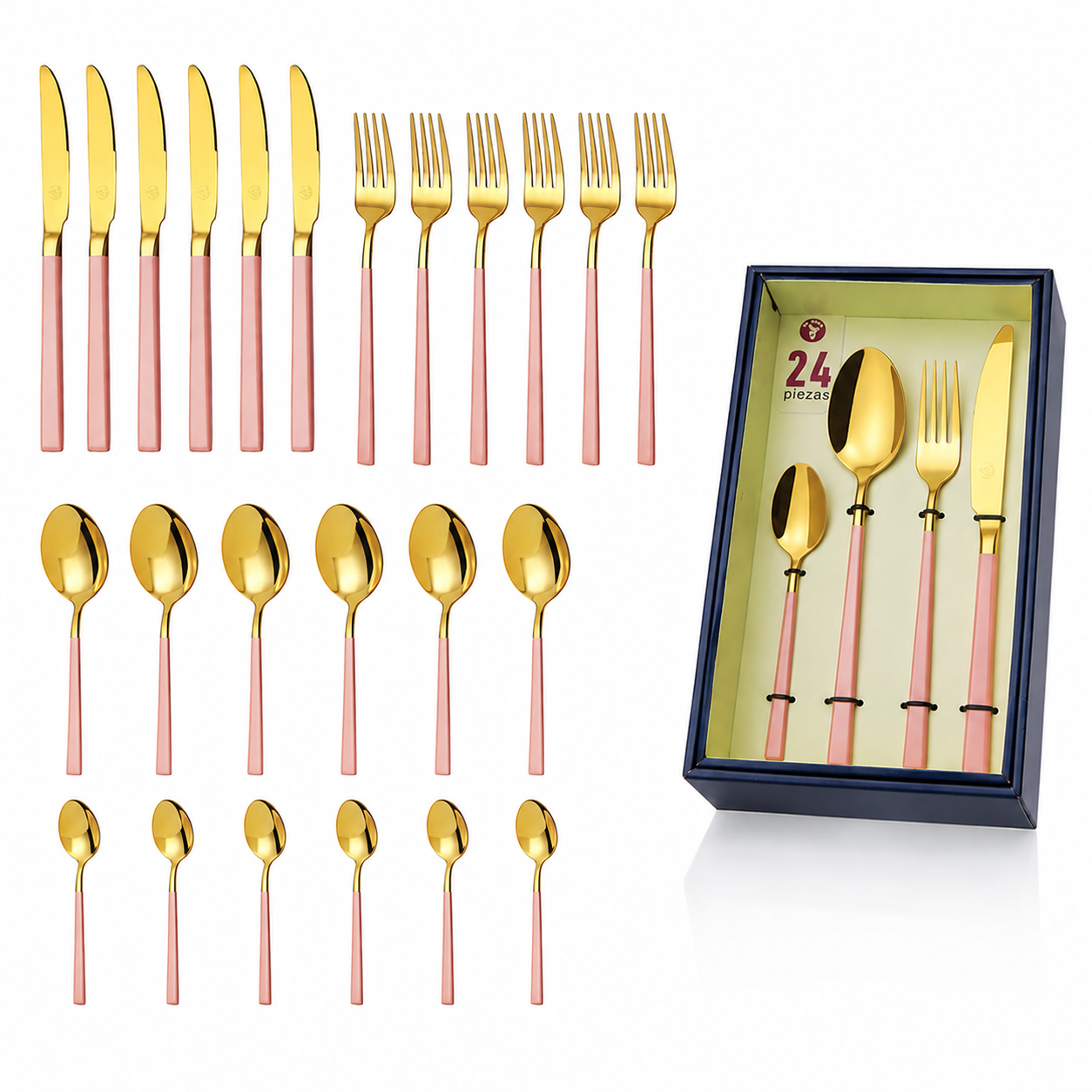 Mr.Spoon Cubertería Profesional de 24 Piezas para 6 Personas, de Acero Inoxidable 18/0, con Mango Rosa y Cabezal Dorado, Juego de Cubiertos Elegante y Resistente, Apta para Lavavajillas, Ideal para Hostelería, Restaurante, Bar y Hotel
