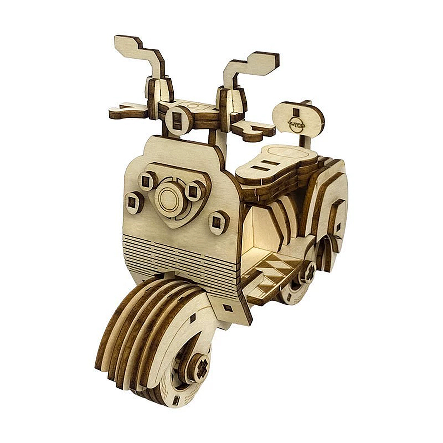 DAM. Maqueta de Madera 3D, con movimiento mecánico diseño de Motocicleta Antigua. 69 piezas. 7x14x12cm.