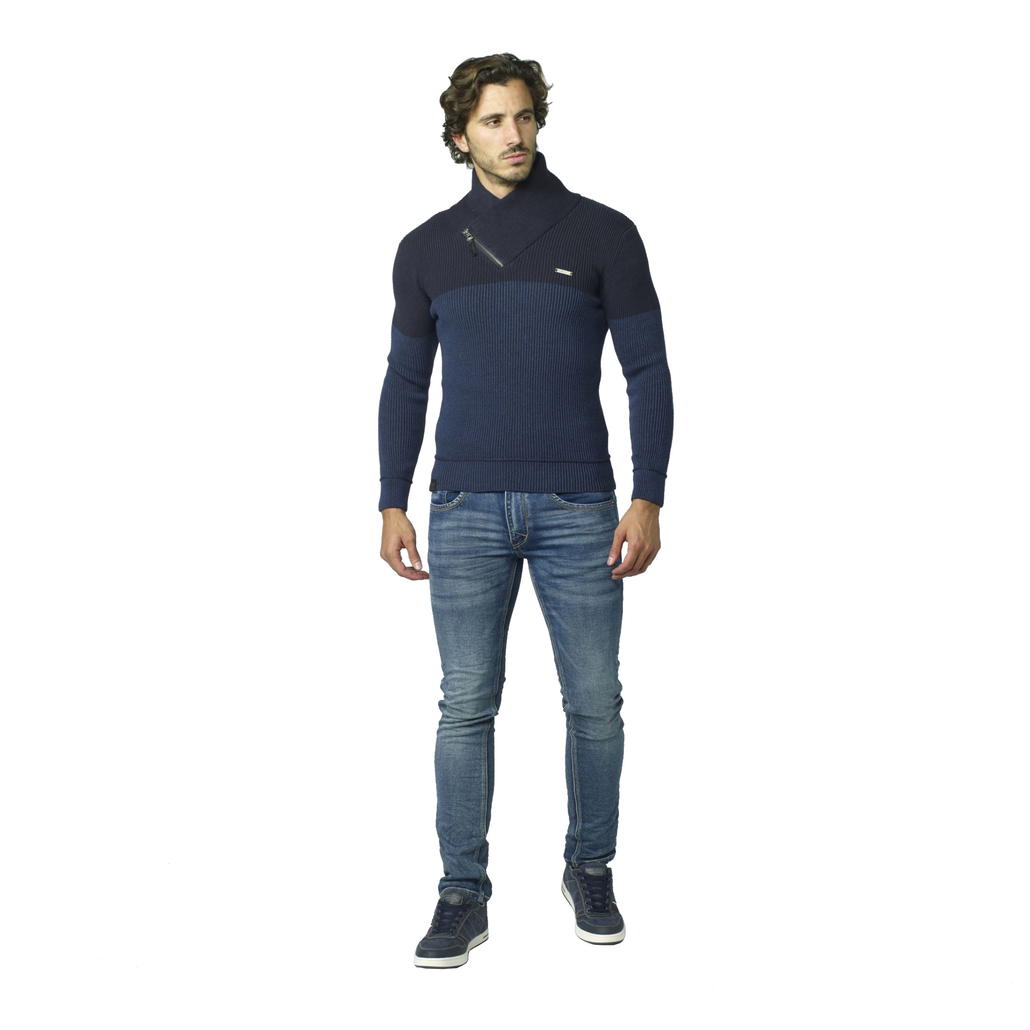Koroshi - Jersey de punto 100 % algodón con cuello cruzado y cremallera para hombre, estilo smart casual en gris o azul – 2021TR77