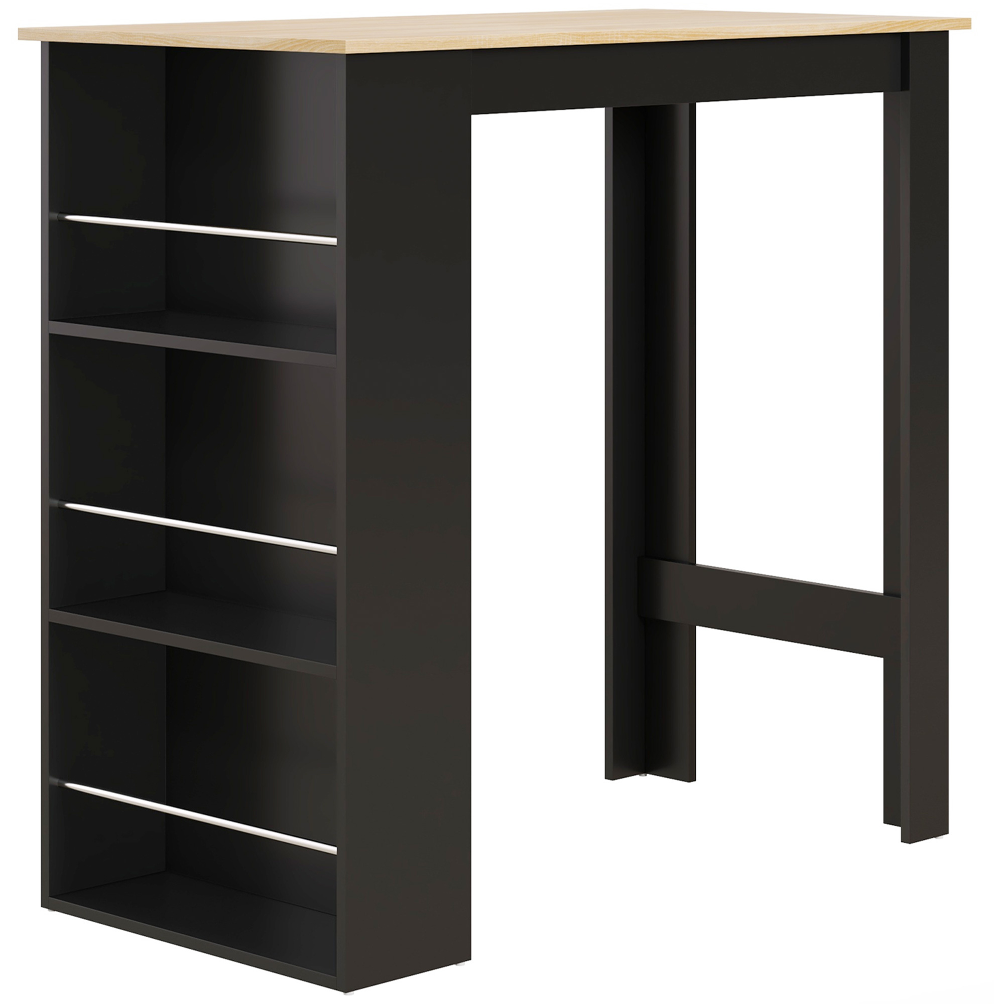 HOMCOM Mesa Alta de Bar, Mesa de Cocina con 3 Estantes Laterales, Estilo Moderno, para Comedor, Salón, 112x57x106 cm, Negro y Natural