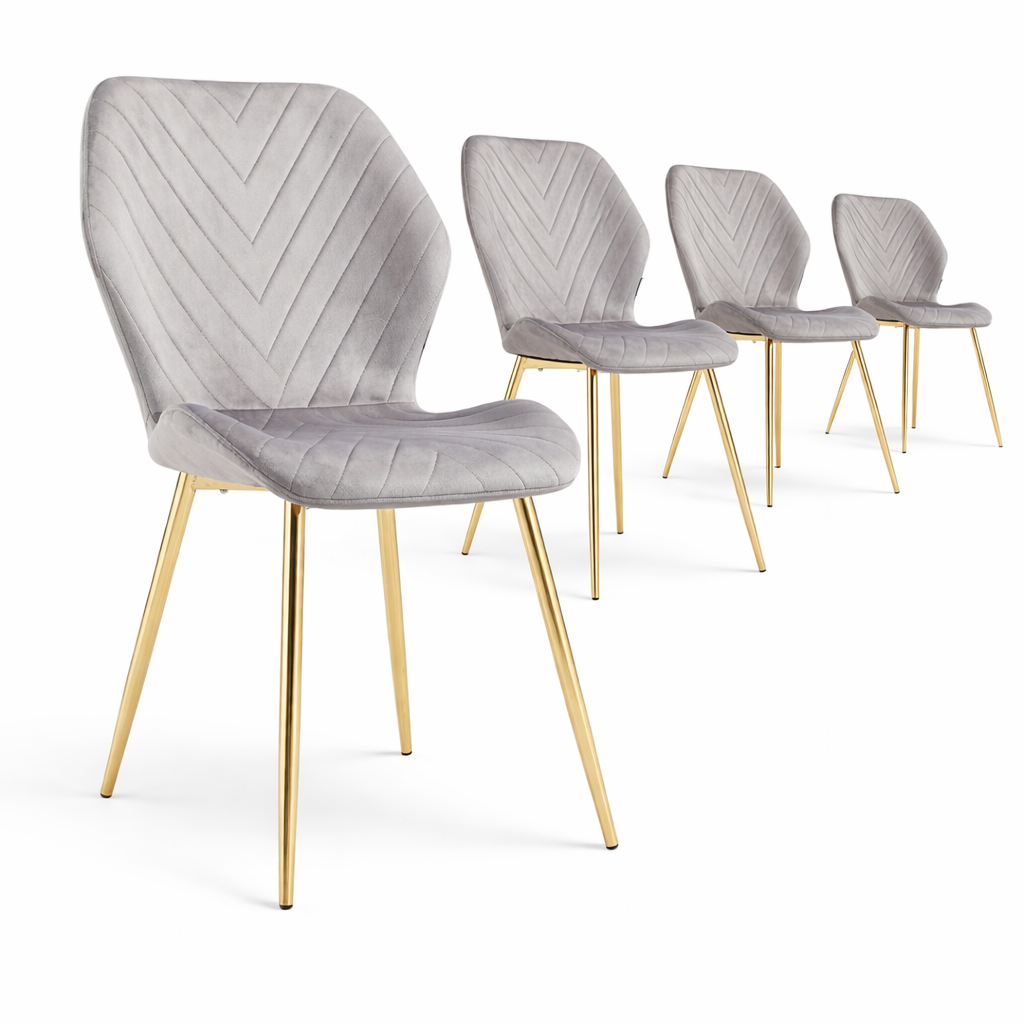 Minimal DECO Sillas comedor pack 4 terciopelo acolchado diseño espiga chevron gris oscuro con patas blancas, negras o doradas – moderno elegante, 59 x 47 x 86 cm