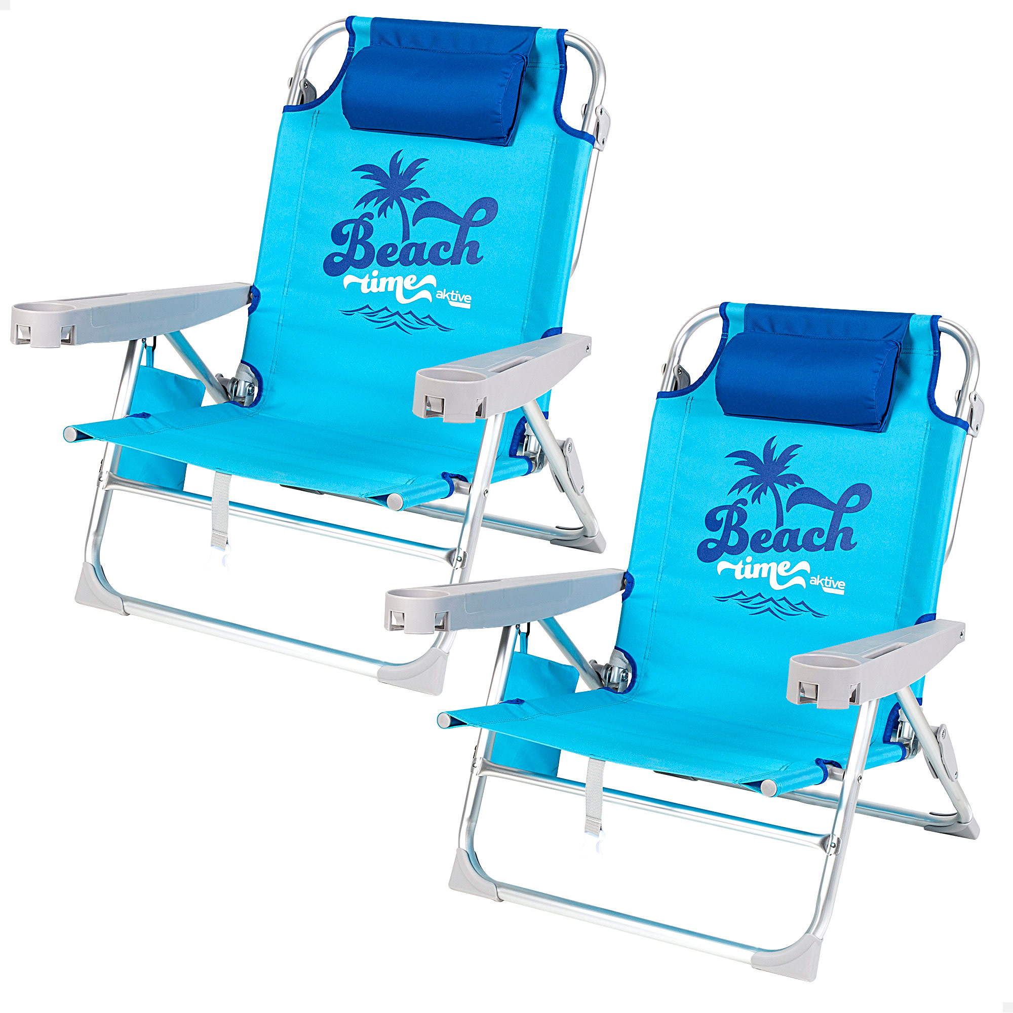 Aktive - Pack de 2 sillas de playa plegables, 53x58x80 cm, respaldo reclinable 5 posiciones, convertibles en tumbona, aluminio y textileno, incluye cojín acolchado bolso, posavasos, soporte móvil, asas transporte, soporta 110 kg, silla multiposición