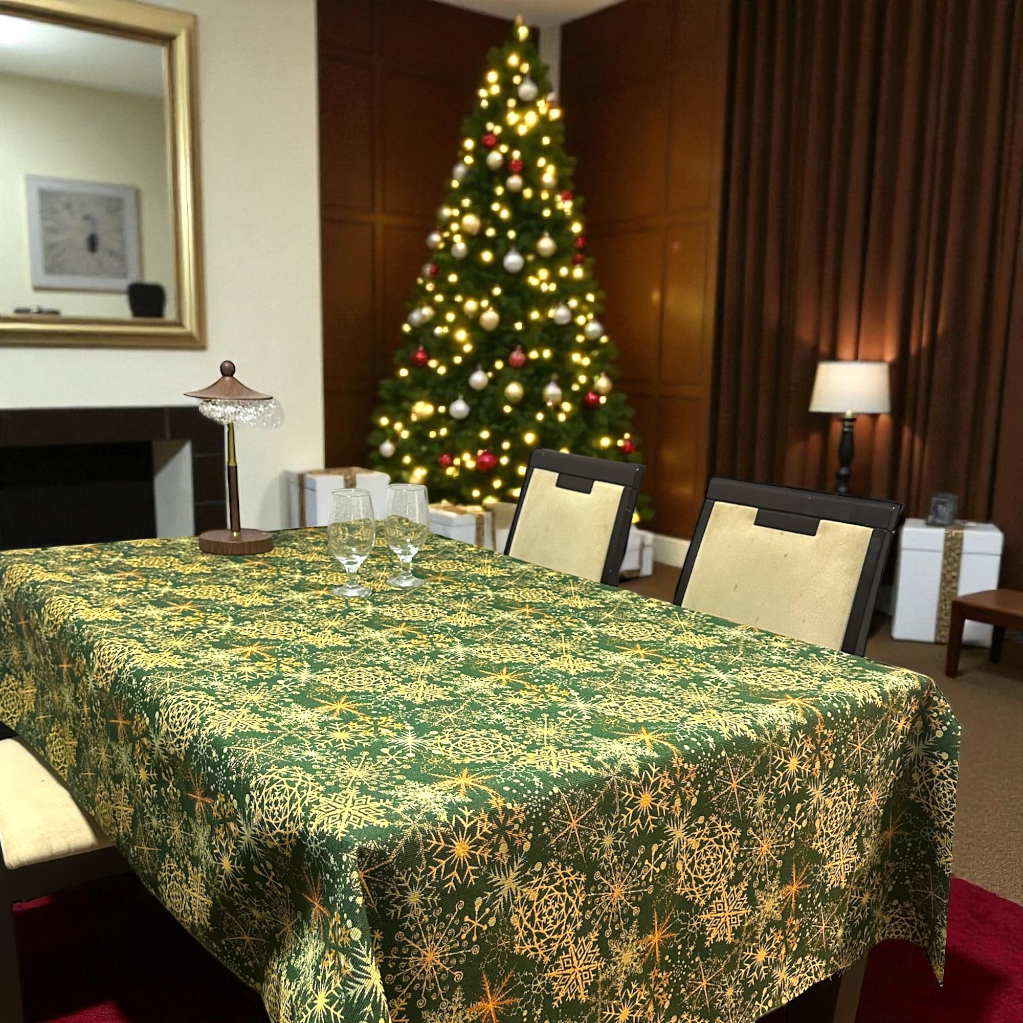 Mantel Navideño de Jacquard, Diseño de Copos de Nieve Dorados, Decoración Elegante para Mesa de Comedor, Fabricado en España, Estilo Moderno para Cenas Familiares y Fiestas