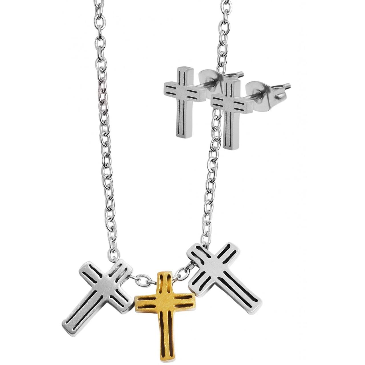 Akzent® Conjunto Cruz Collar e Pendientes em Aço Inoxidável 0137