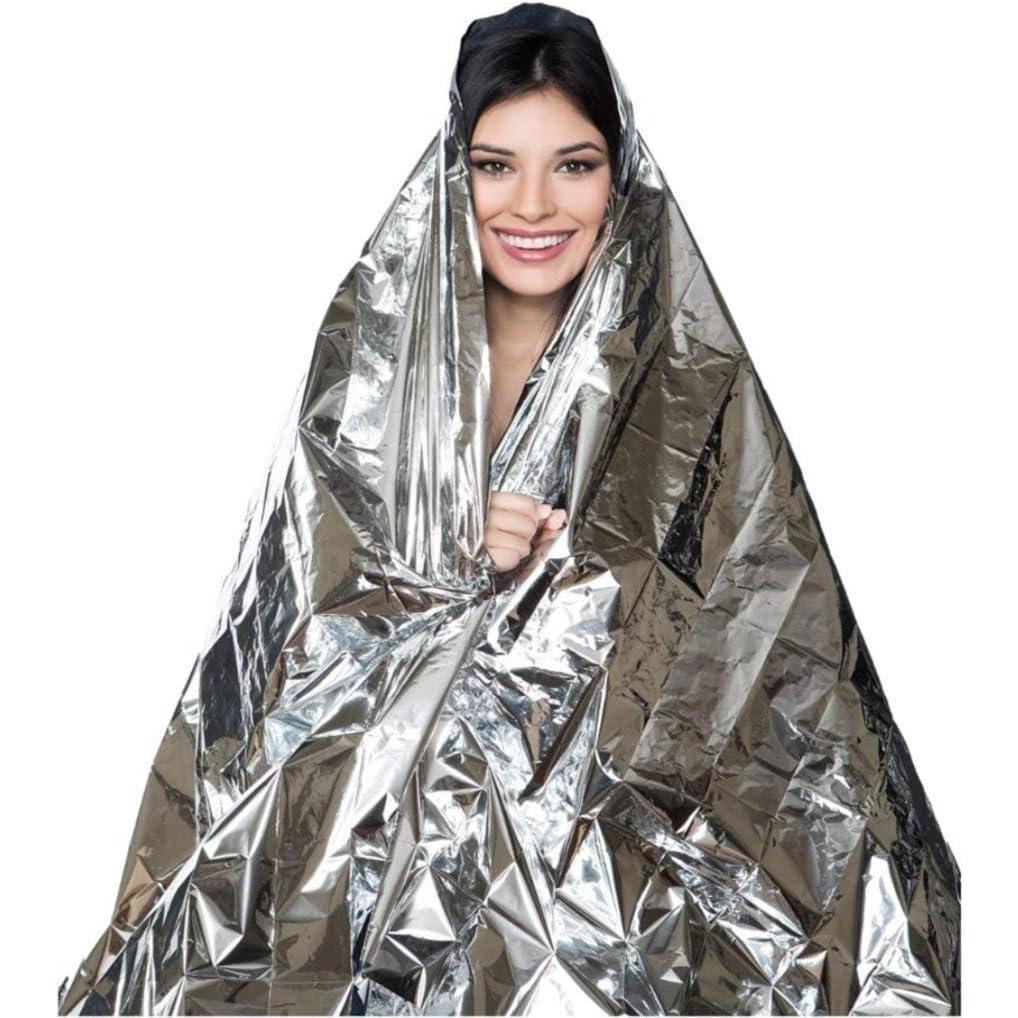 Manta térmica de emergencia, compacta, impermeable y con película plateada para supervivencia al aire libre. Retiene el calor corporal y te mantiene abrigado (paquete de 10).