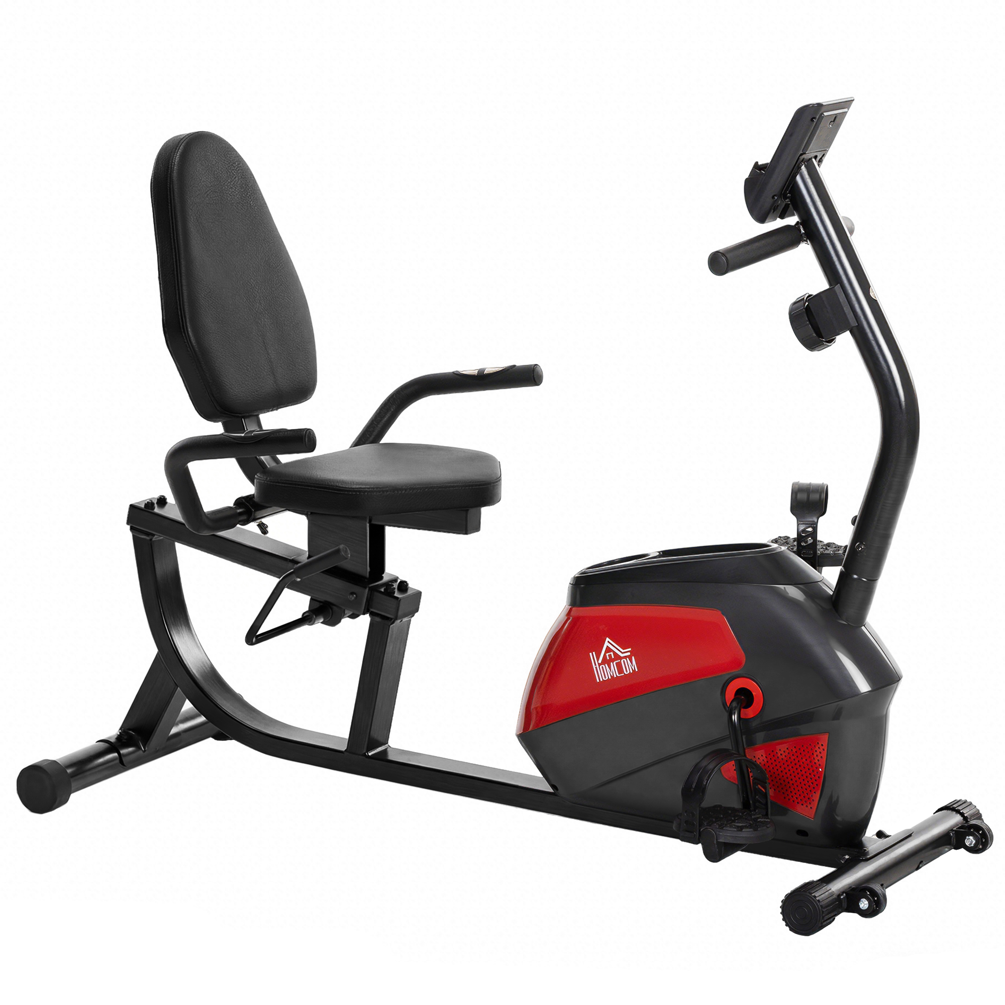 HOMCOM Bicicleta Estática con Respaldo, 8 Niveles Resistencia Magnética, Bicicleta Estática para Casa, con Volante, Asiento Ajustable, Monitor LCD, Pulsómetro, Soporte de Teléfono y Ruedas, Rojo