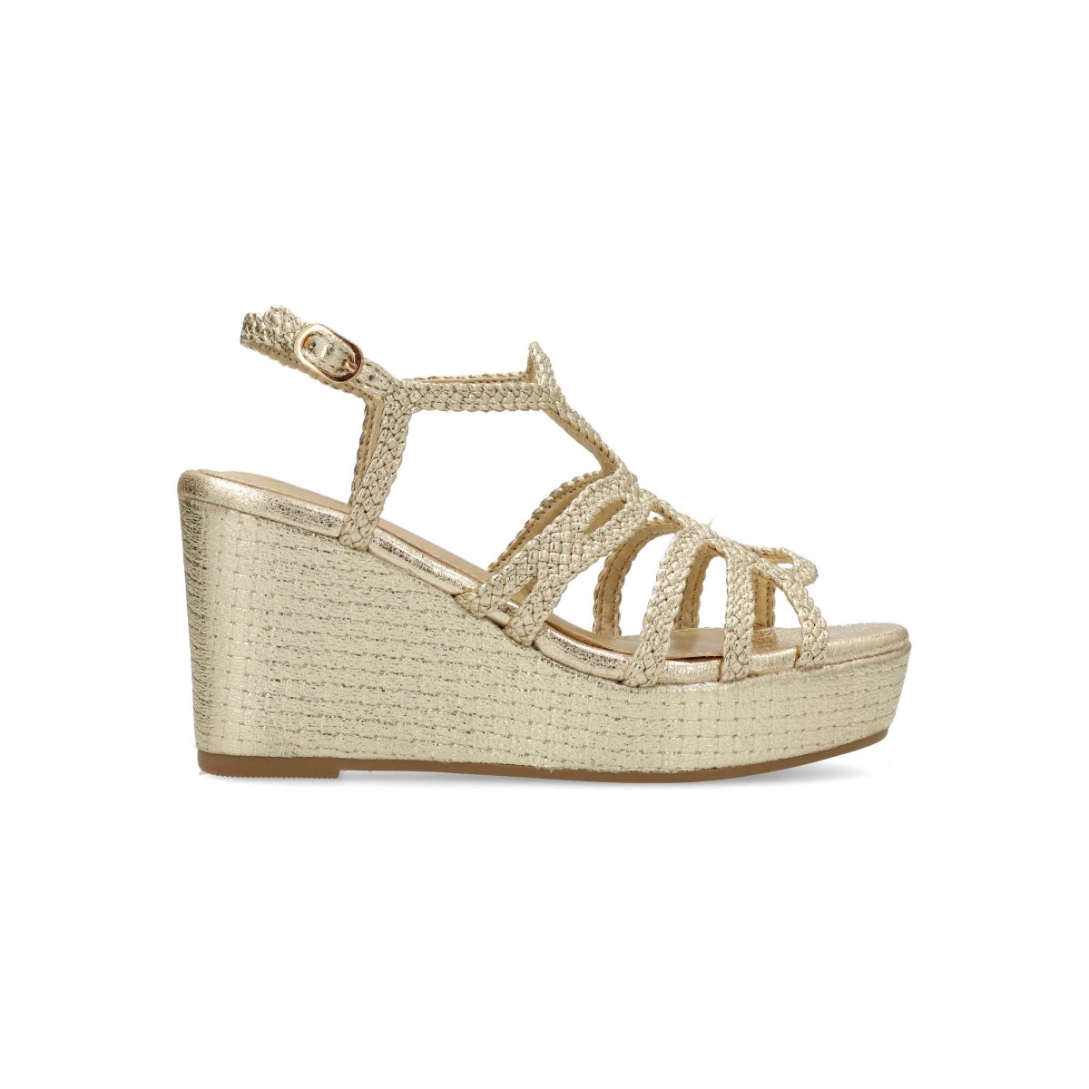 Xti - Sandalia vegana tiras trenzadas para mujer con cuña de 8 cm y plataforma de 3 cm, suela antideslizante de goma, estilo glamuroso y cómodo