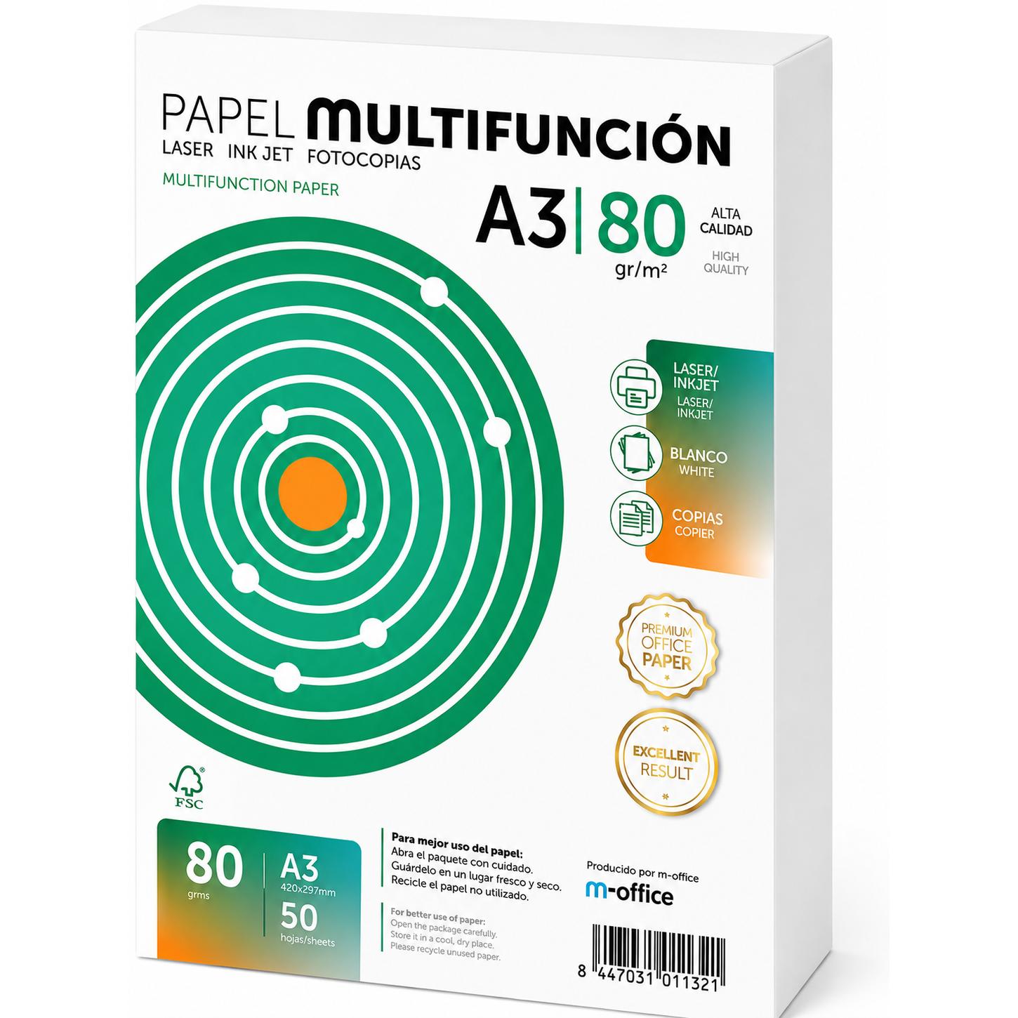 Folios A3 de Gramaje vairable y cantidades varias, Papel Multiusos para Impresora, Folios para Impresoras Laser y de Inyección, Fotocopiadora, Fax, Para uso Oficina, Material Escolar, Paquete folios. m-office