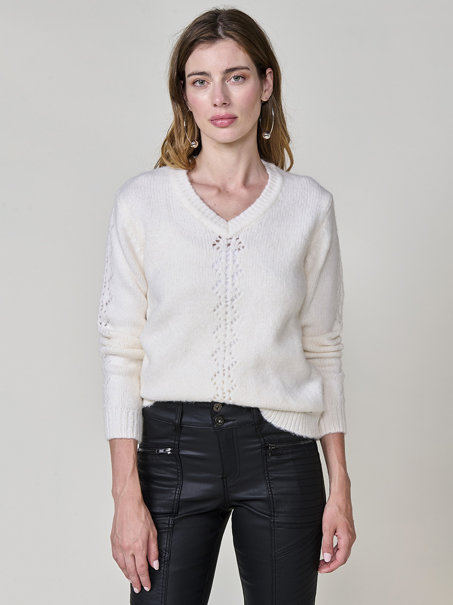 Koroshi - Jersey de mujer en punto suave con escote pico, encaje y calados pointelle blanco – Koroshi Blanco