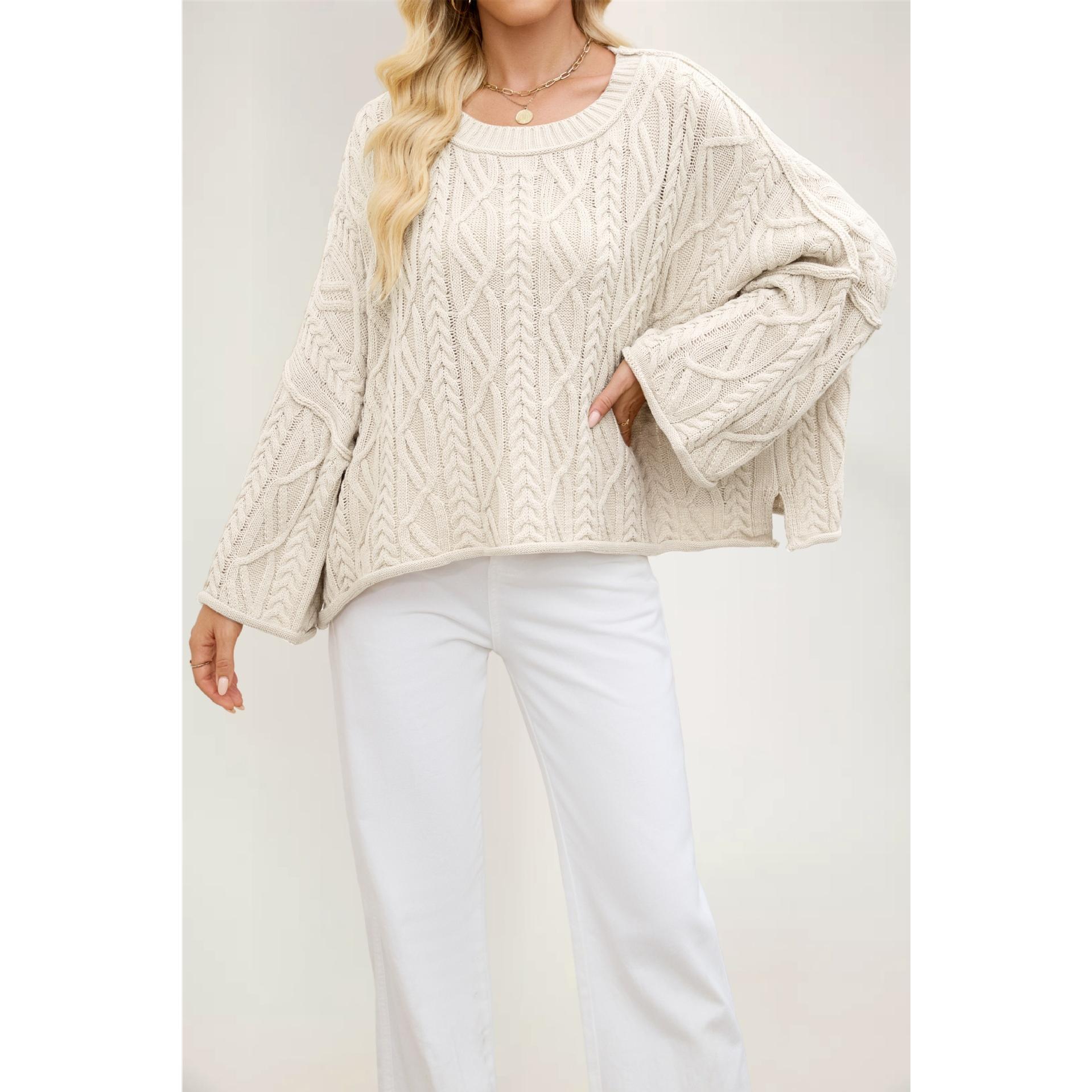 TK Suéter de punto suelto de color liso con cuello redondo y cable corto para mujer de otoño/invierno