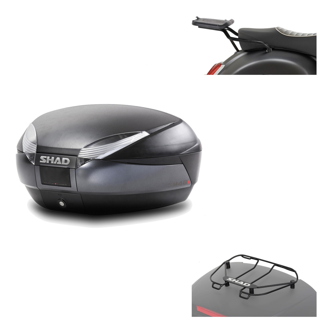 Baul Trasero + Herraje Montaje + Parrilla Portabultos Sh48 Dark Grey Premium KIT-190614