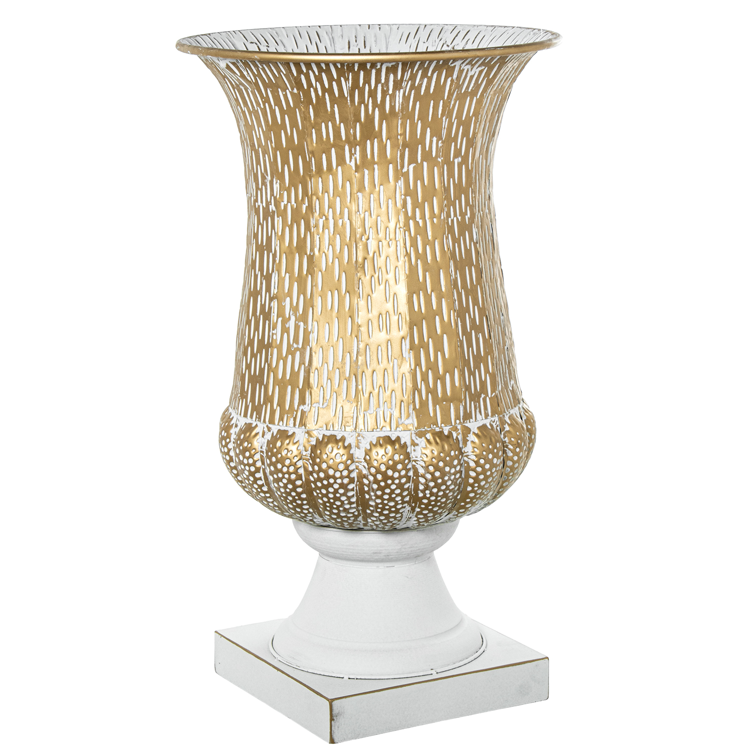 Jarrón metal copa dorado con pie blanco, medidas 43, 5x75 cm Fijalo