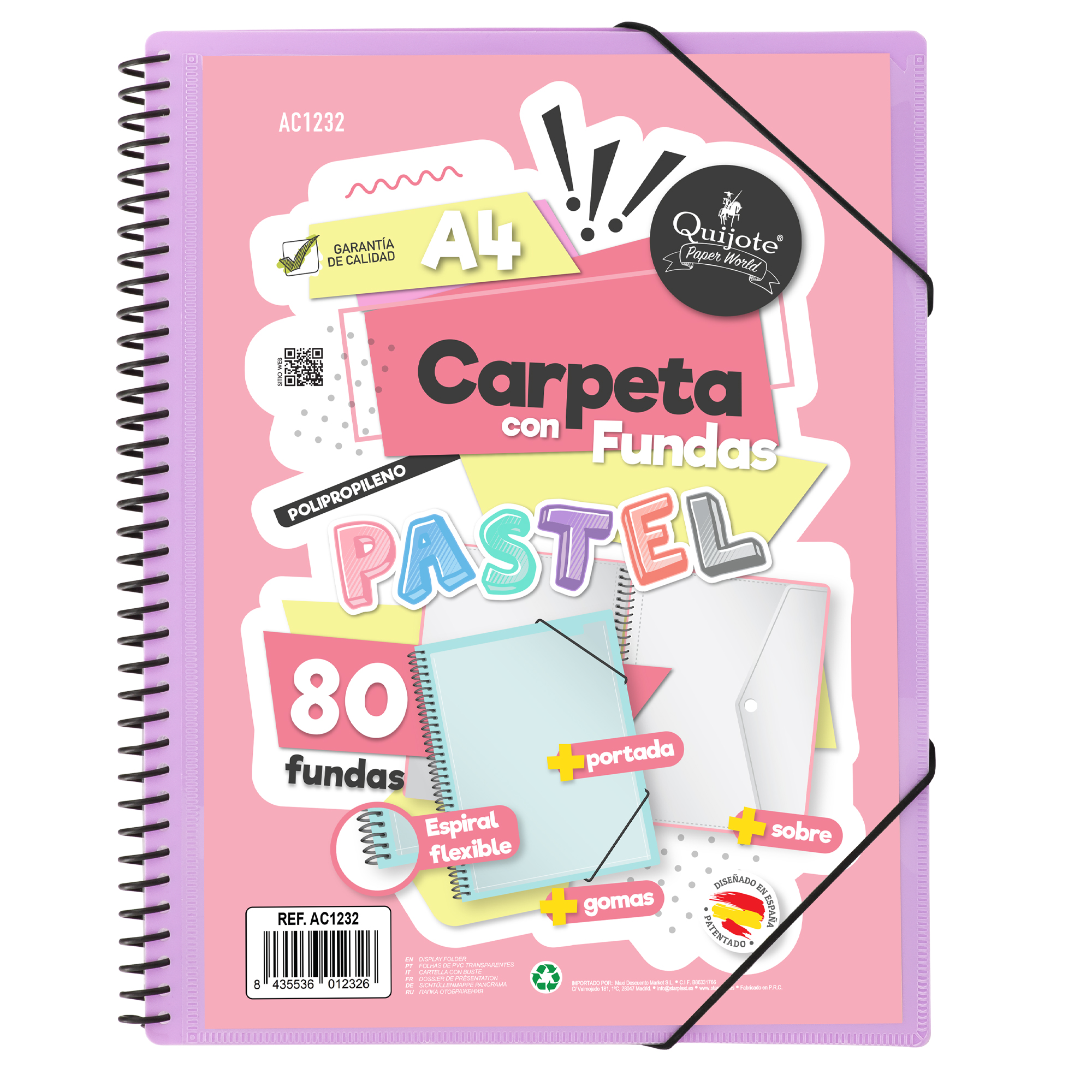 Quijote Paper World Carpeta A4 80 Fundas Espiral Flexible y Portada intercambiable Colores Pastel