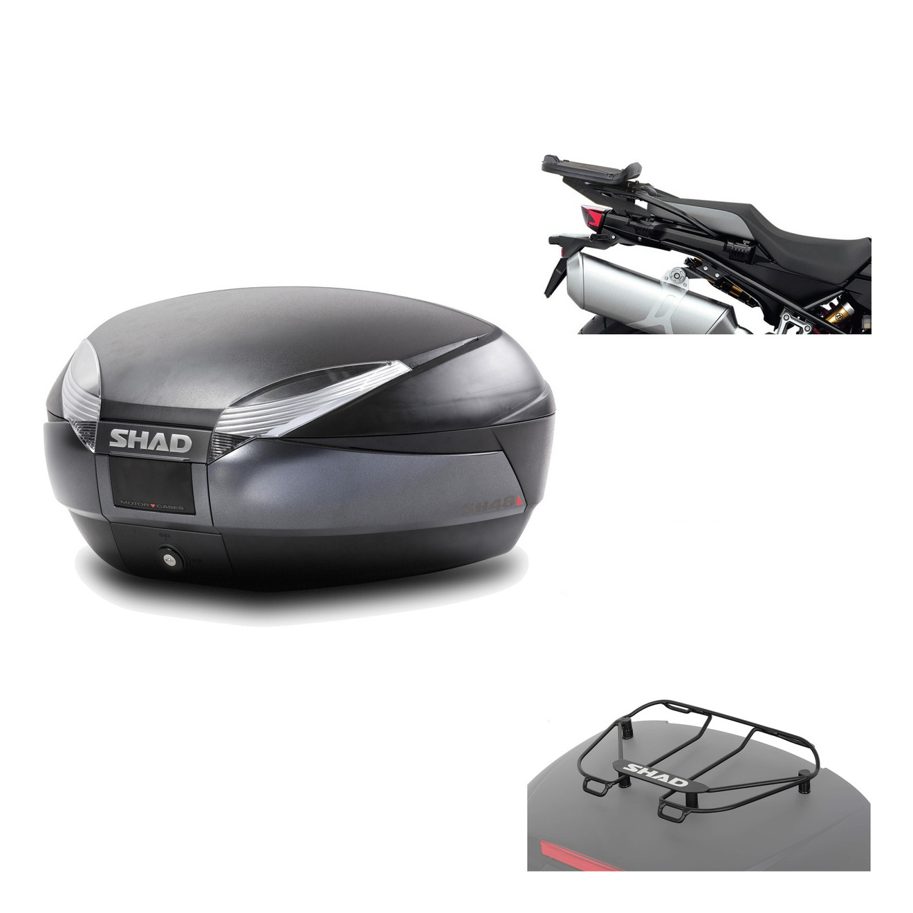 Baul Trasero + Herraje Montaje + Parrilla Portabultos Sh48 Dark Grey Premium KIT-190502