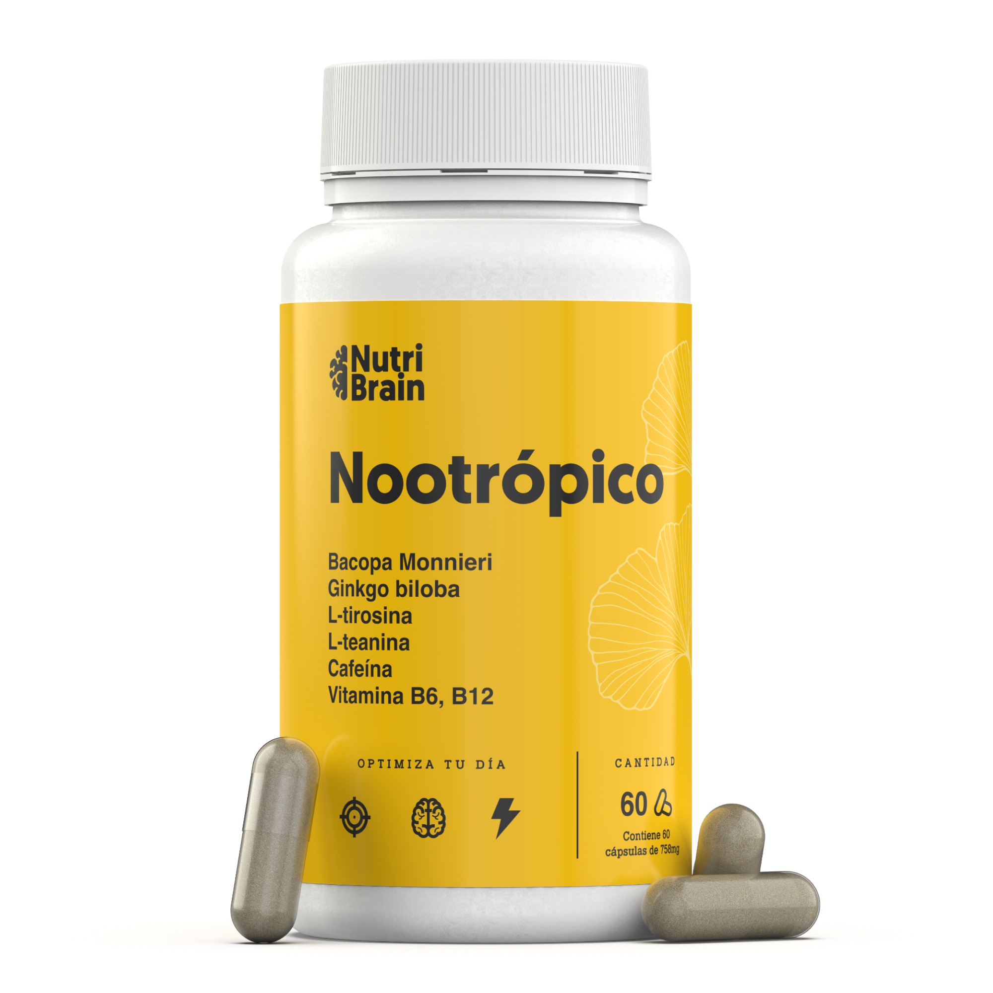 Nootrópico Natural Nutribrain con Cafeína, Ginko Biloba, Tirosina, Teanina, Bacopa Monnieri y Vitaminas | Envase XL 60 Cápsulas |