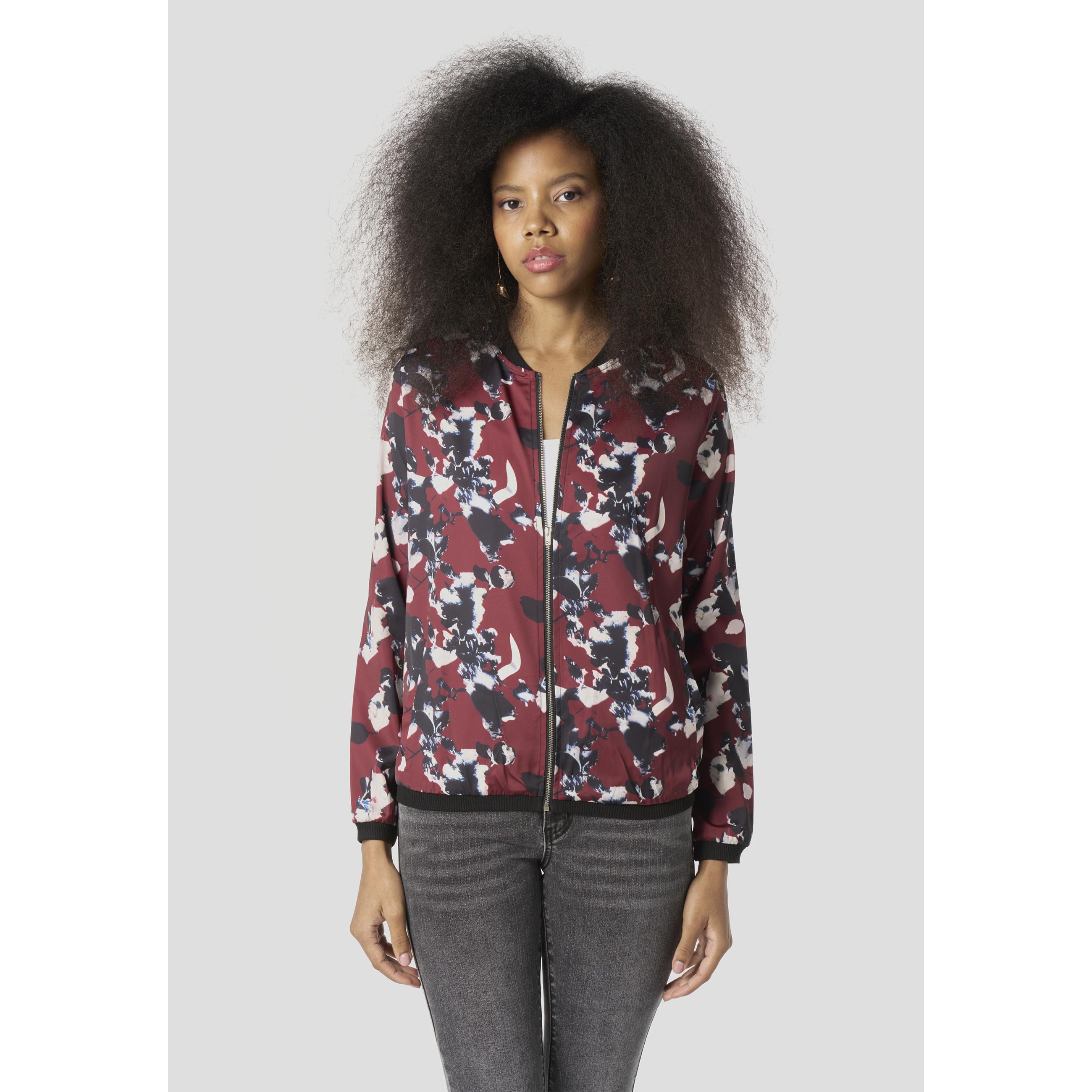 Koroshi - Chaqueta bomber mujer estampado floral bicolor negro y rojo relajada 100% poliéster para street style y ocasiones especiales