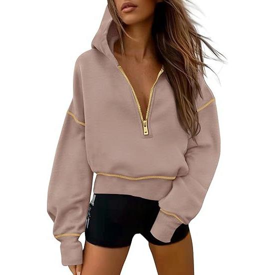 Sudaderas con capucha para mujer, manga larga, media cremallera, recortadas, sin botones, ropa de moda
