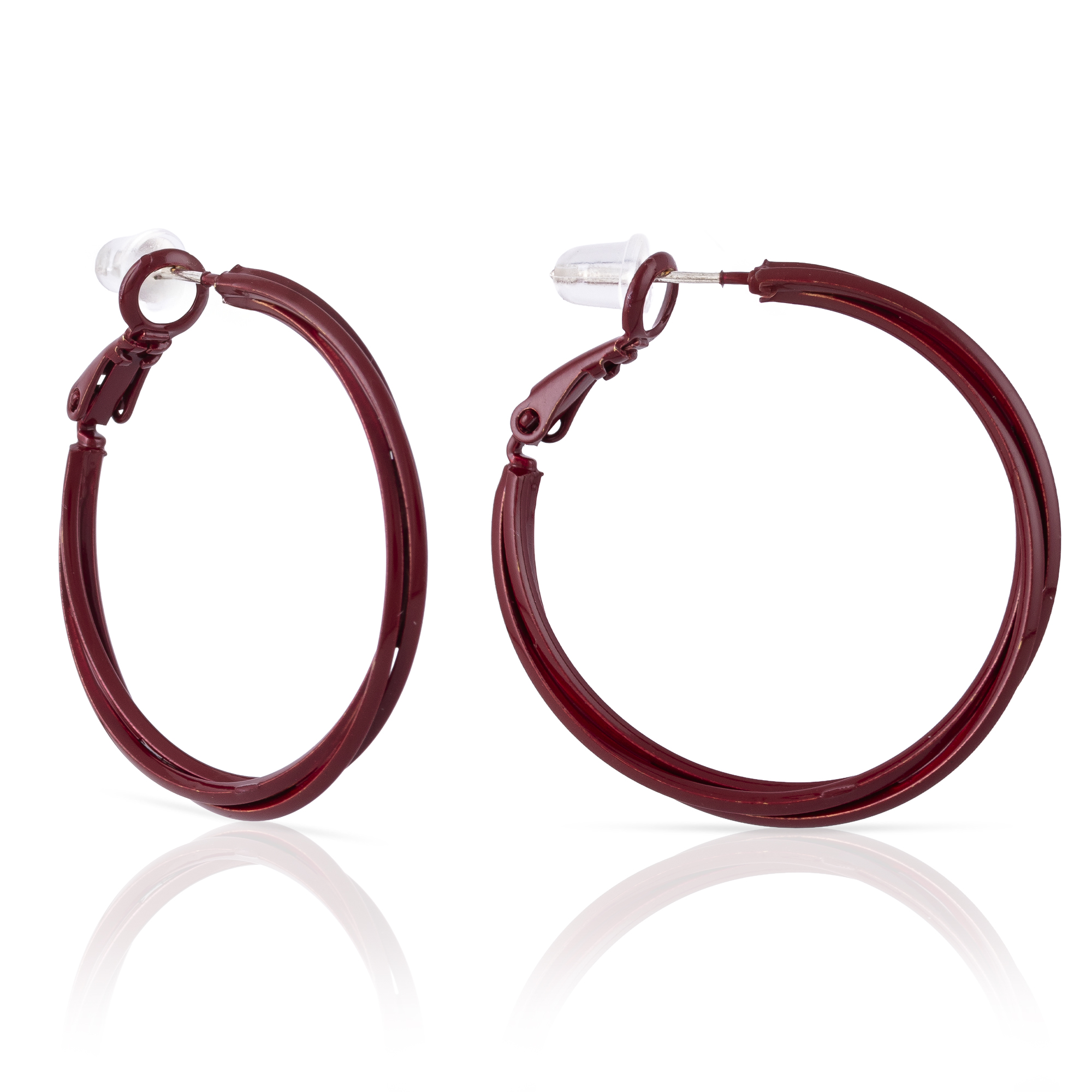 FIRENZE SILVER Pendientes de aro liso entrelazados de cobre con recubrimiento electroplateado color blanco, 30 mm, cierre catalán de plata de ley 925 con acabado granate electroplateado. 3x0,2x3 Cm. Color: Granate