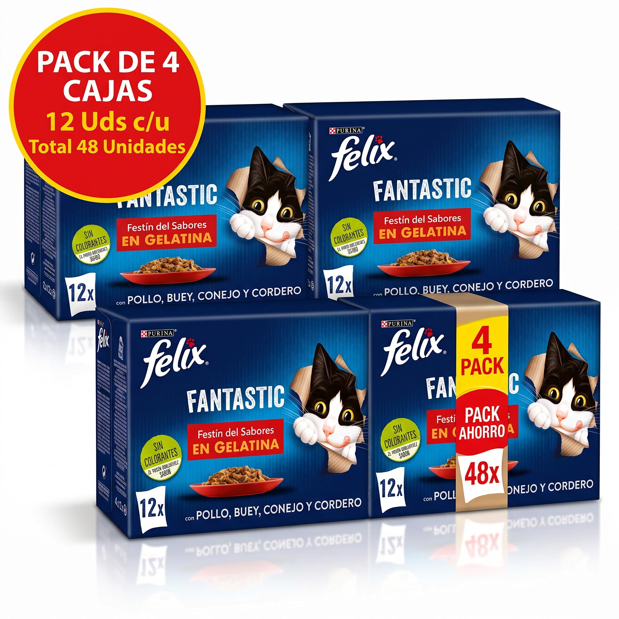 Pack 4 Cajas de 12 uds X 85 Gr Felix Fantastic Festín De Carnes En Gelatina Para Gatos