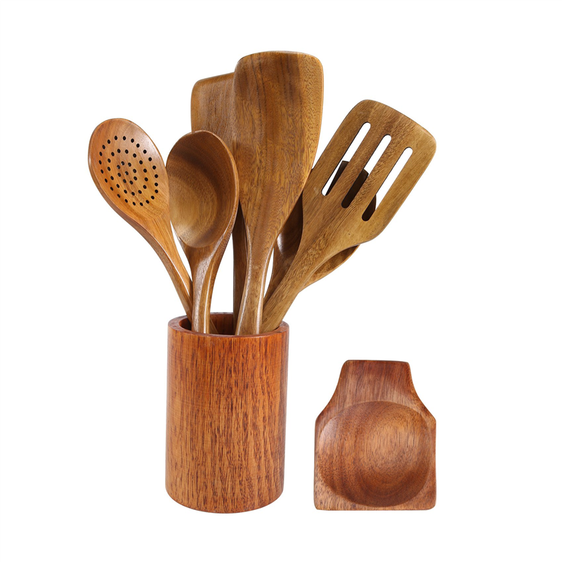 TK Juego de utensilios de Madera de Teca para Cocina, Hojas de 9 piezas para cocinar con soporte