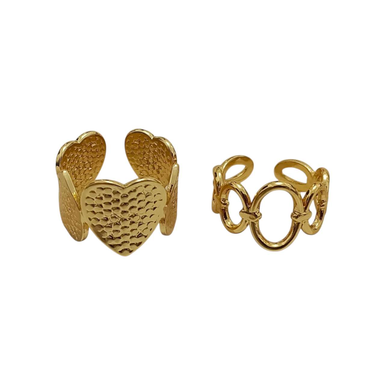 Lote de 2 anillos ajustables abierto conjunto de anillo corazon y aro de acero inoxidable oro 18K resistente al agua waterproof