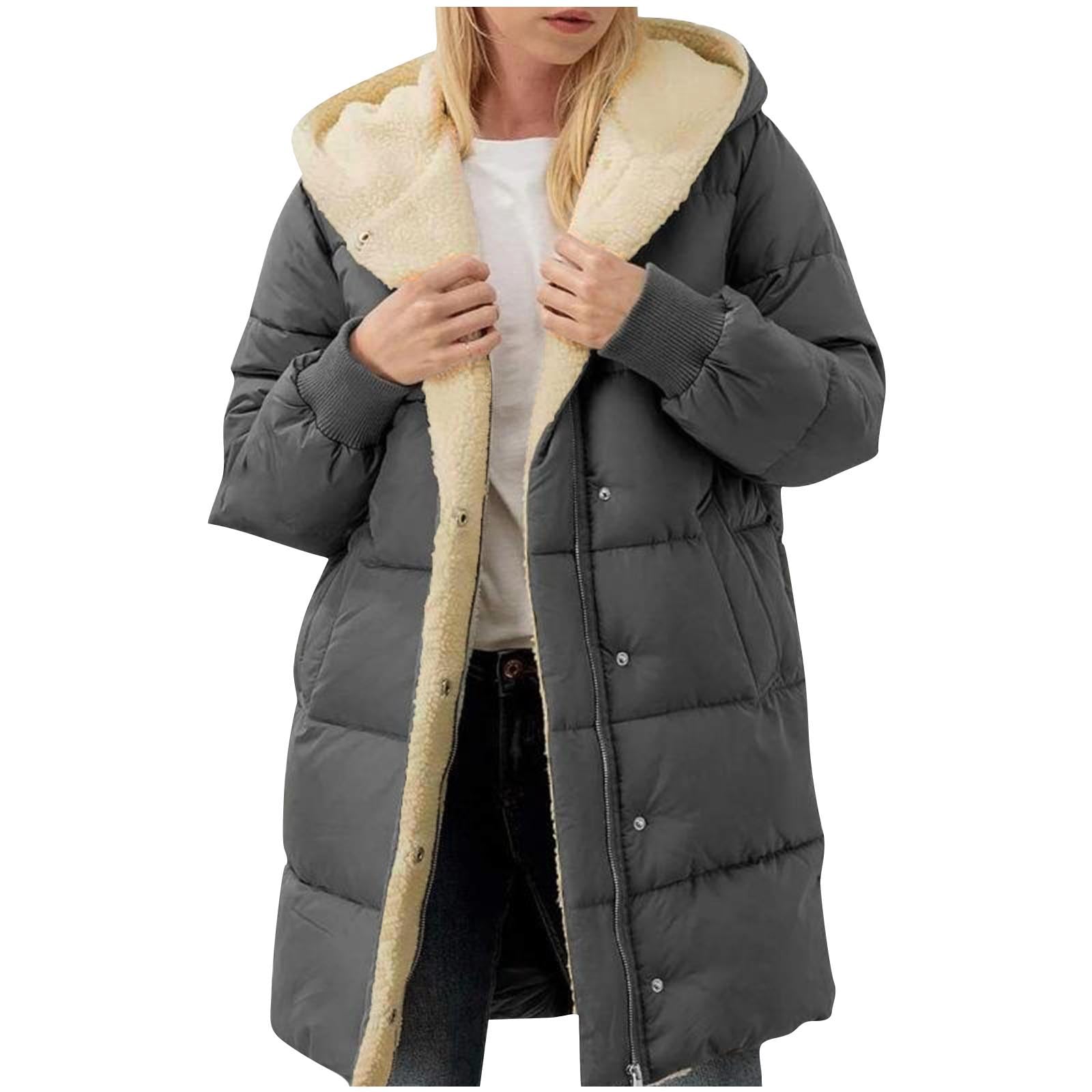 TK Abrigo largo acolchado con forro de piel de oveja, chaqueta de invierno para mujer con capucha y bolsillos, talla grande 2025
