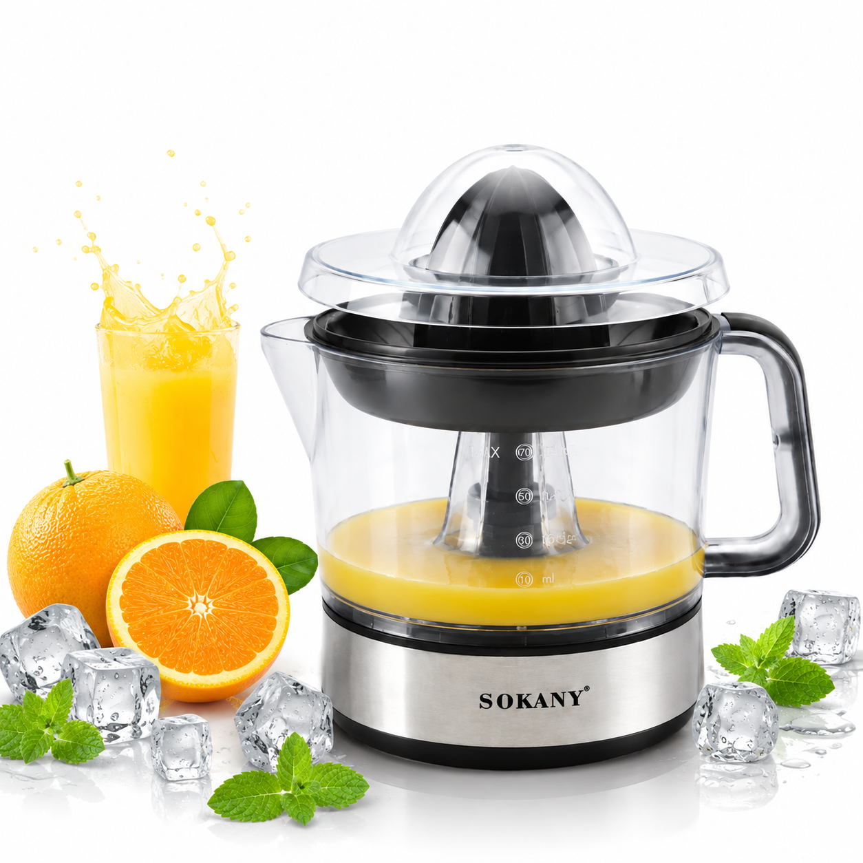 SOKANY - Exprimidor eléctrico de naranjas y cítricos 45 W con doble cono, jarra de 0,7 L transparente y cubierta antipolvo, fácil de limpiar
