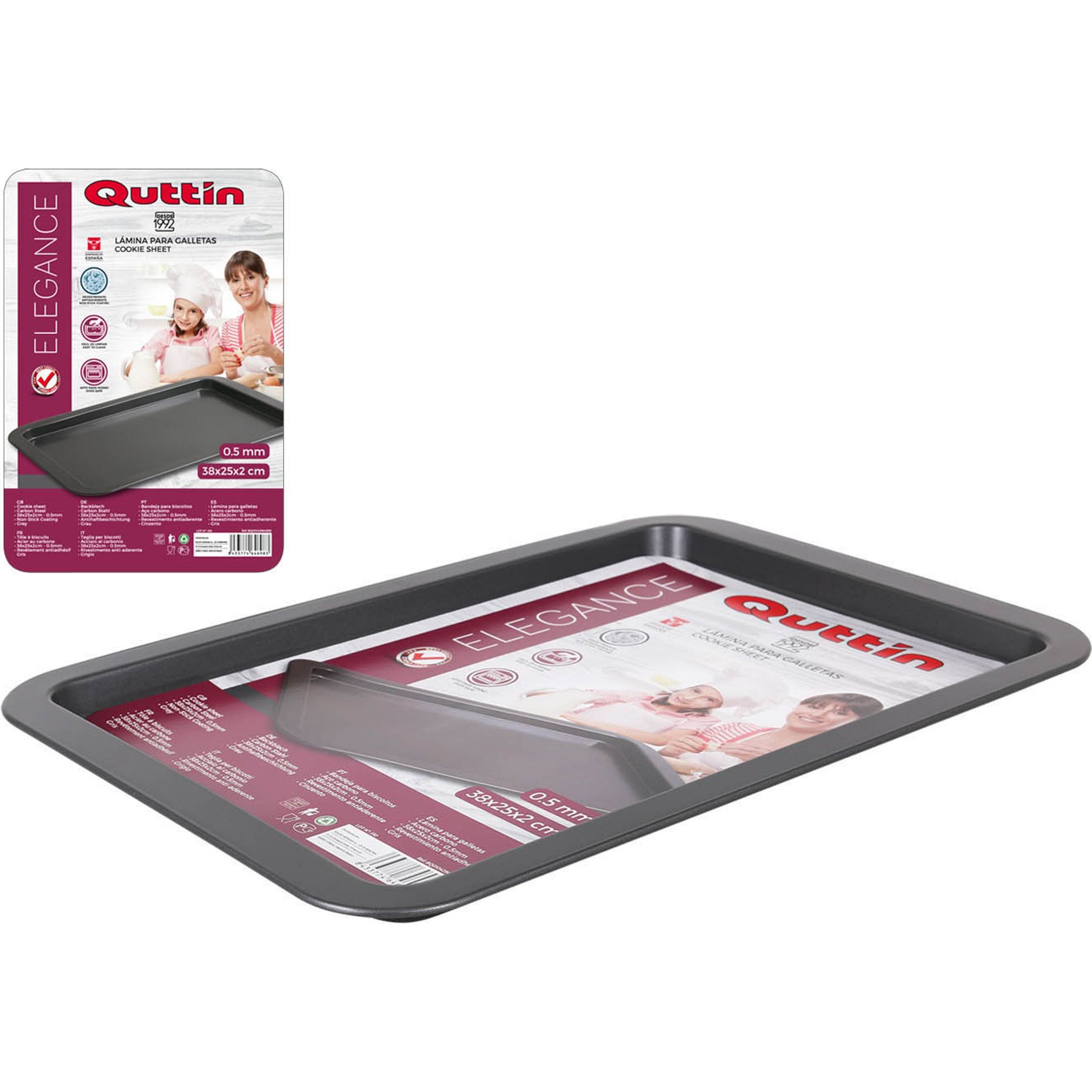 Quttin - Bandeja Horno 38x25cm 0.5mm Forma Plana - Antiadherente Calidad Premium, Resistente y Duradera - Fácil Limpieza y Mantenimiento