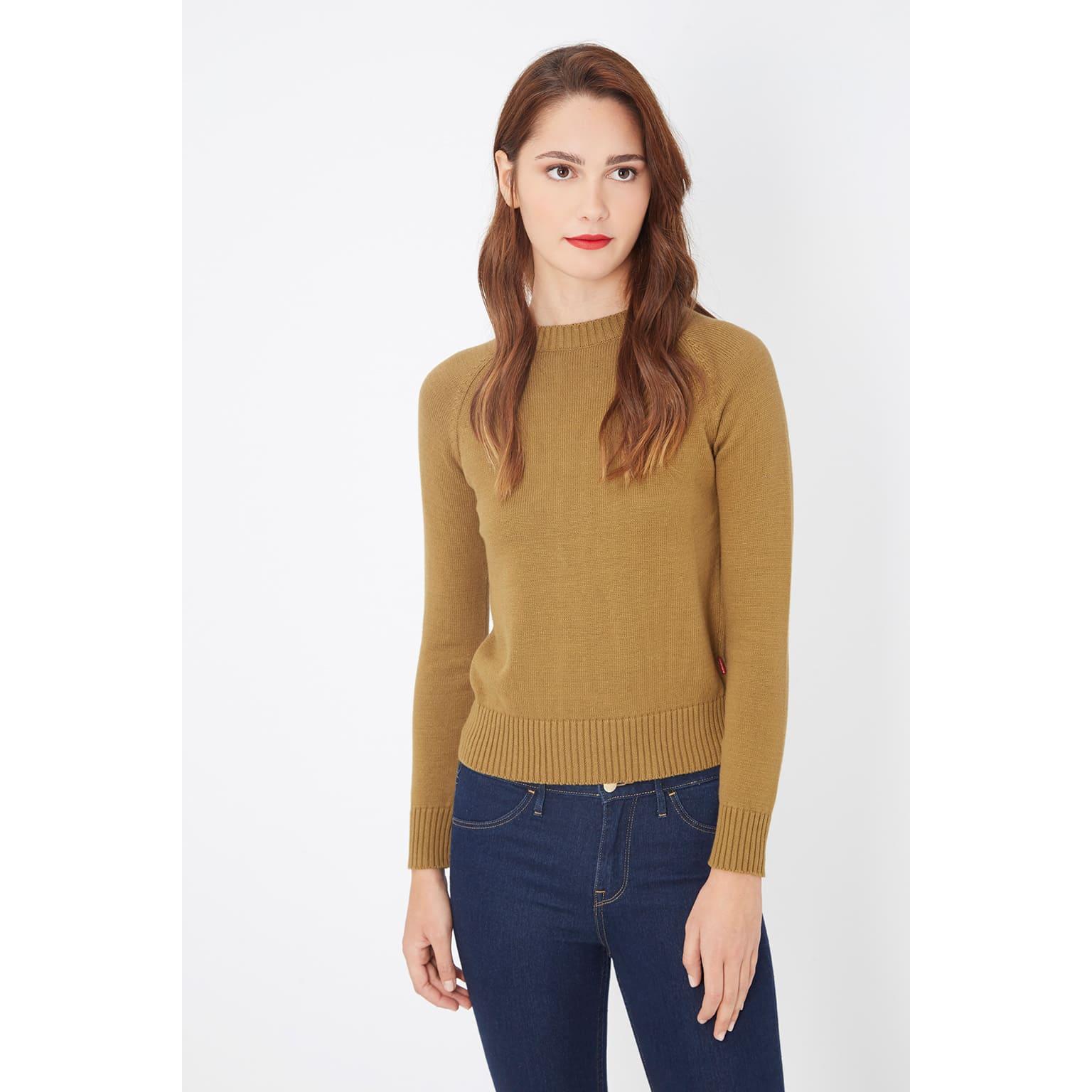 Jersey mujer algodón, sweater, suéter punto fino, manga larga, diseño liso, cuello redondo, acabado canalé, color mostaza, cómodo y versátil, talla M, ideal look casual trabajo diario ✅Entrega 24/48h