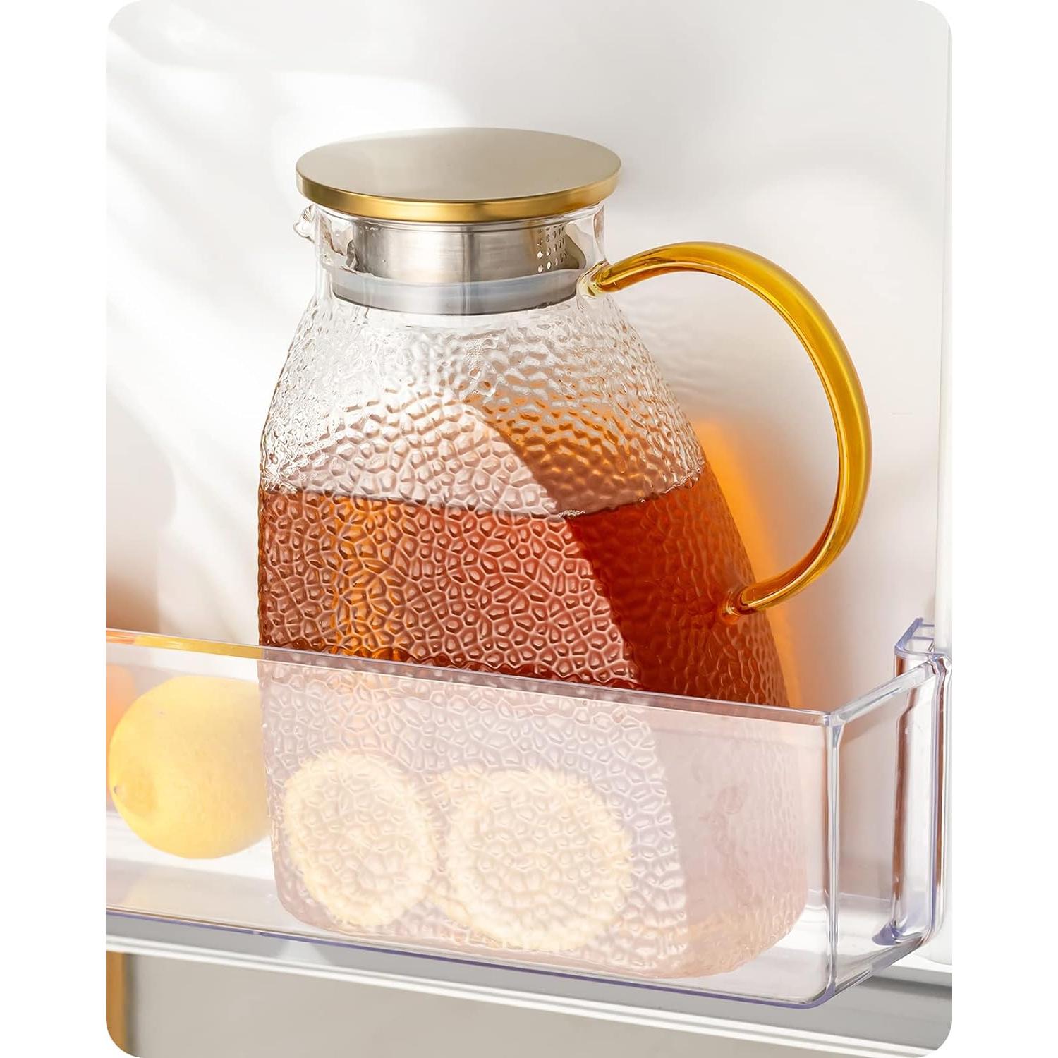 TK Jarra de agua, jarra de vidrio de borosilicato alto con tapa de acero inoxidable, jarra a prueba de fugas para puerta de refrigerador para bebidas frías o calientes (1,8 L/63 oz.) Transpa