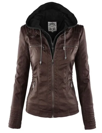 TK Chaqueta De Cuero Sintético Para Mujer 2025 Café Invierno Motocicleta Gótica Con Capucha Outerwear Basic Coat Cierre De Cremallera Material De Cuero PU