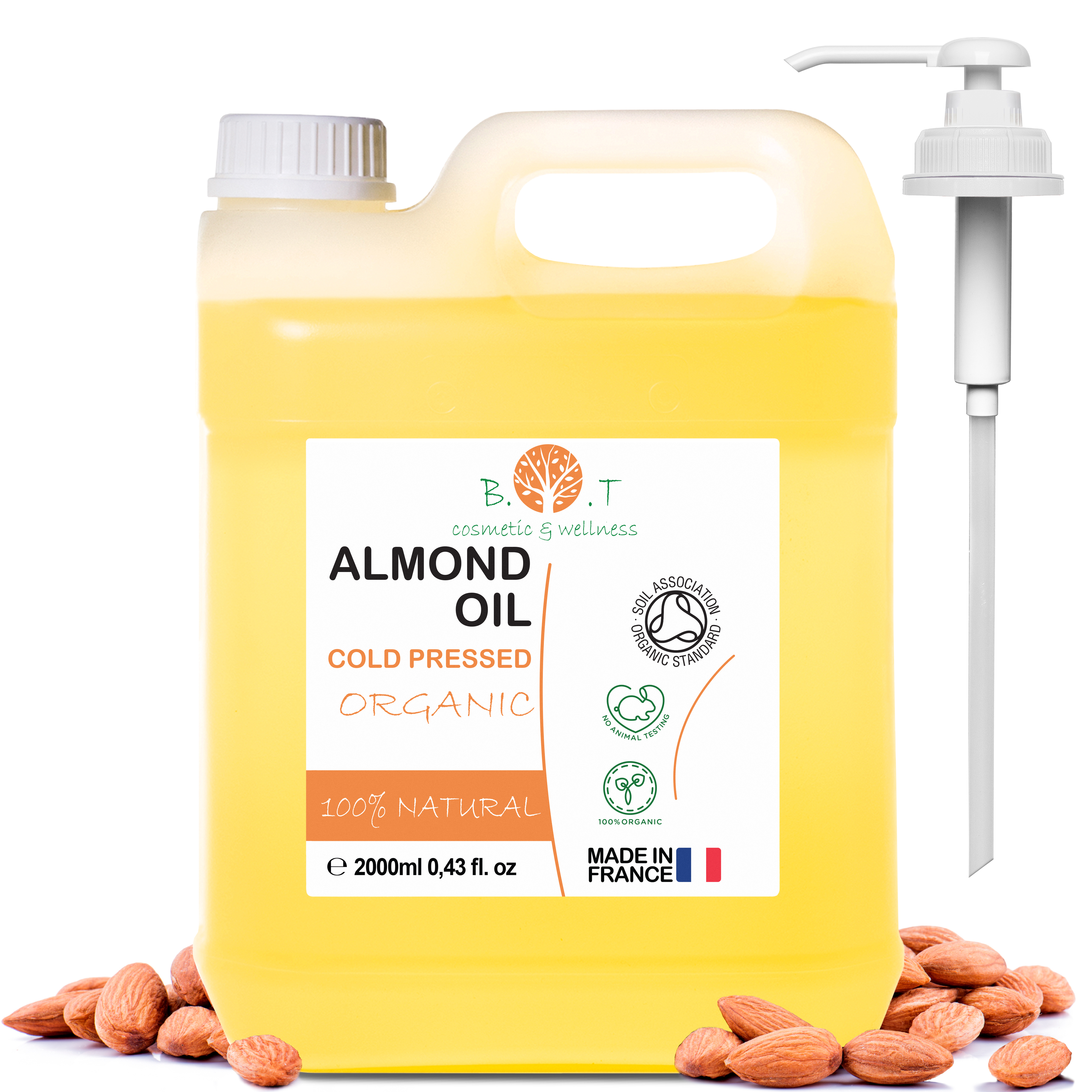 B.O.T Cosmetics & Wellness - Aceite de Almendras Orgánico Prensado en Frío | Puro y Natural | Aceite de Masaje Profesional para Cuerpo, Rostro y Cabello