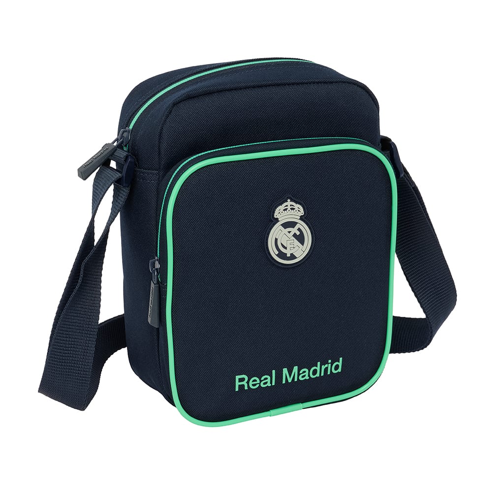 SAFTA | Bandolera Pequeña Real Madrid 2ª Equipación 25/26, Bolso Cruzado Escolar Juvenil, Compartimento Principal con Cremallera, Bolsillo Frontal, Trasero con Velcro, Correa Ajustable