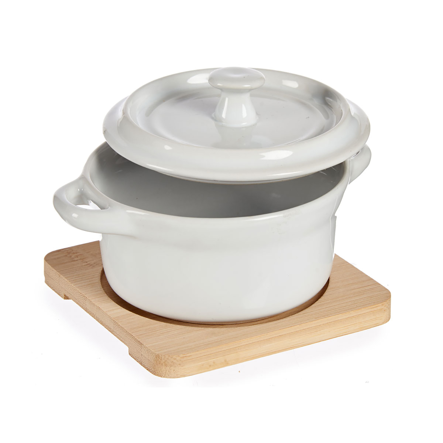 DAM. CAZUELA CERAMICA REDONDA CON BASE BAMBU 11x14x9cm