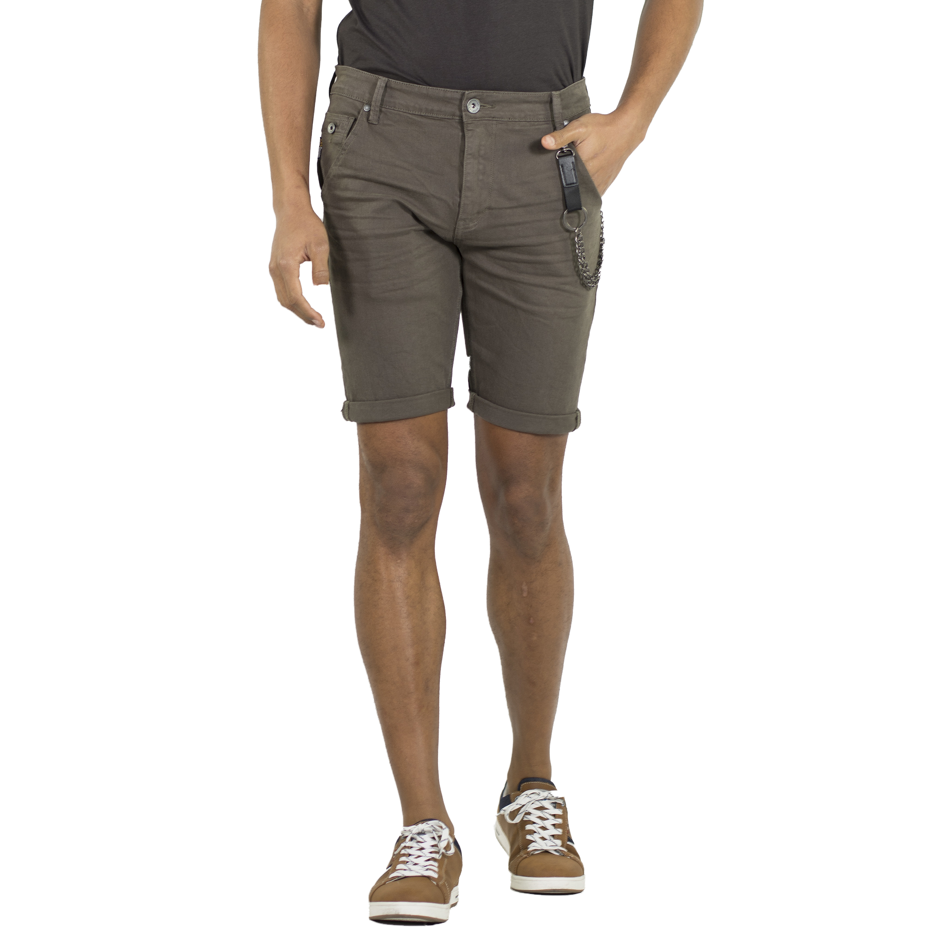 Koroshi - Bermuda hombre twill elástico slim con cadena extraíble y acabado en vuelta, 98% algodón y 2% elastano, tiro bajo para look urbano de verano