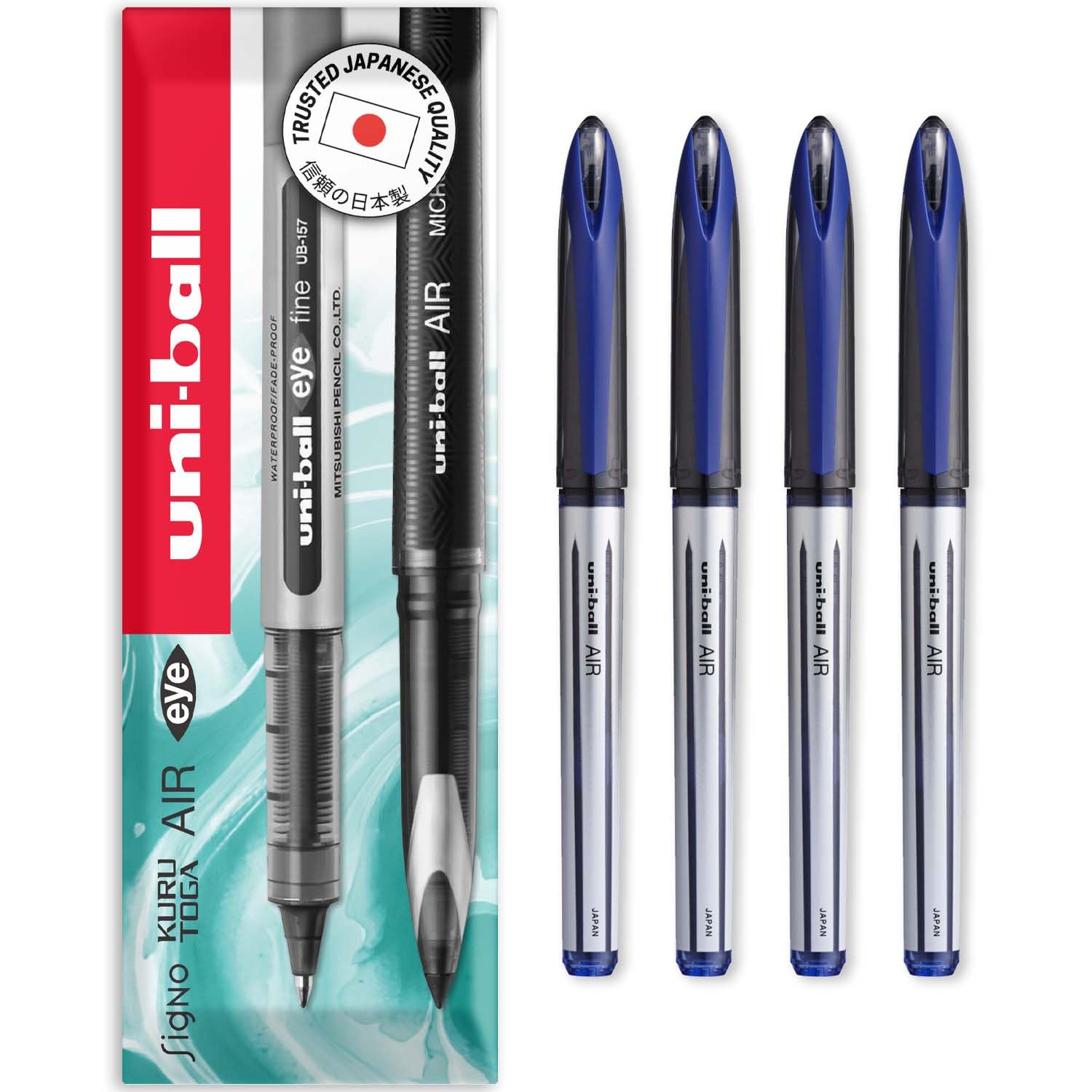uni-ball AIR UBA-188-L - Bolígrafo de punta redonda mediana de 0,7 mm, paquete de 4, tinta azul, en caja de regalo