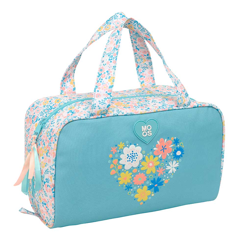 SAFTA | Neceser Adaptable a Carro Moos Reciclado, Organizador Escolar con Asa Lateral, Compartimento Principal con Cremallera y Bolsillo Interior, Estampado Floral Turquesa, Organizador Interior