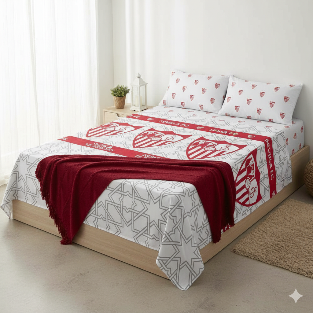 Sábanas Oficiales del Sevilla FC - Juego de 3 Piezas con Certificación OEKO-TEX, Mezcla de Algodón - ASDITEX TEXTIL SL