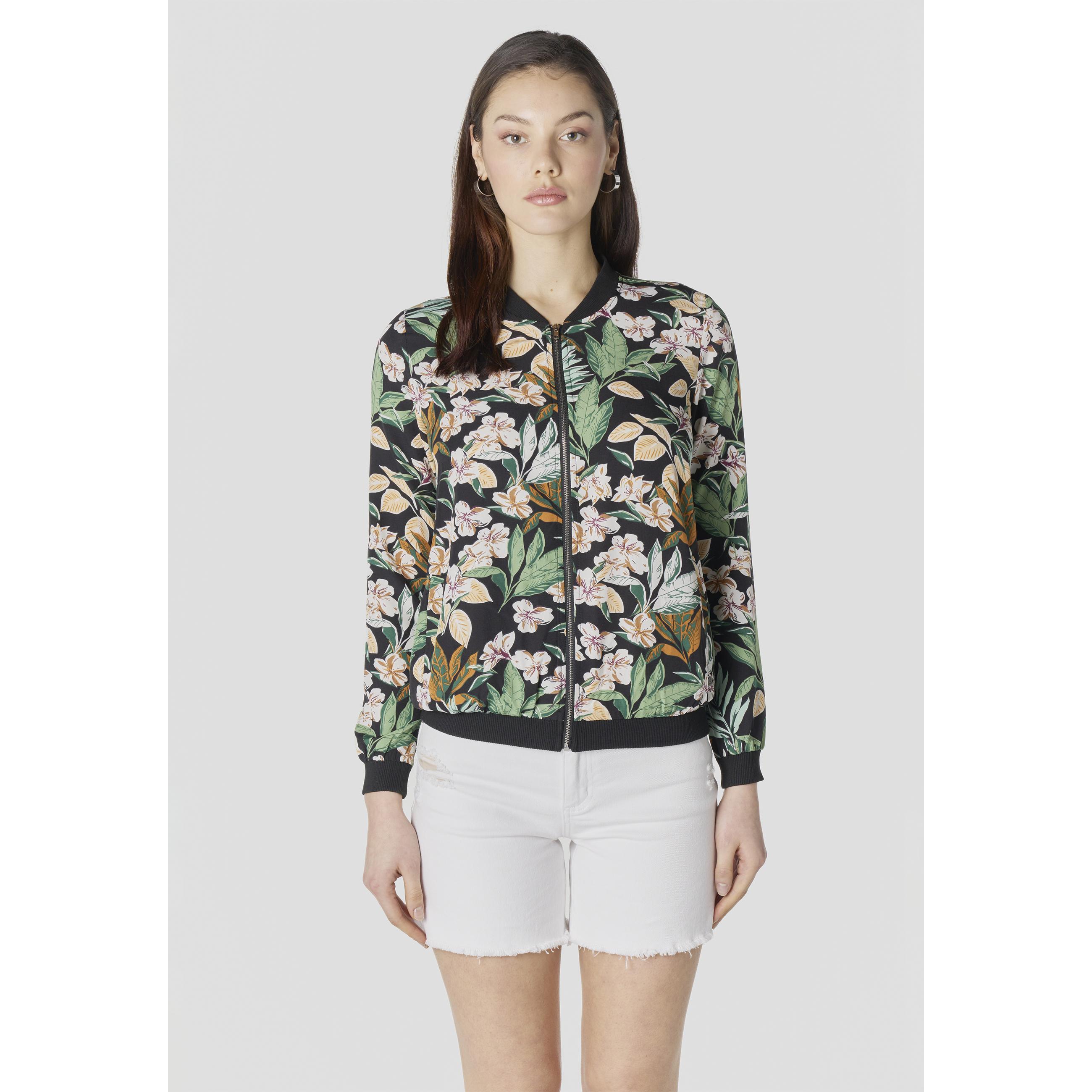 Koroshi - Chaqueta bomber mujer estampado tropical semitransparente holgada con puños acanalados y cuello estructurado en poliéster
