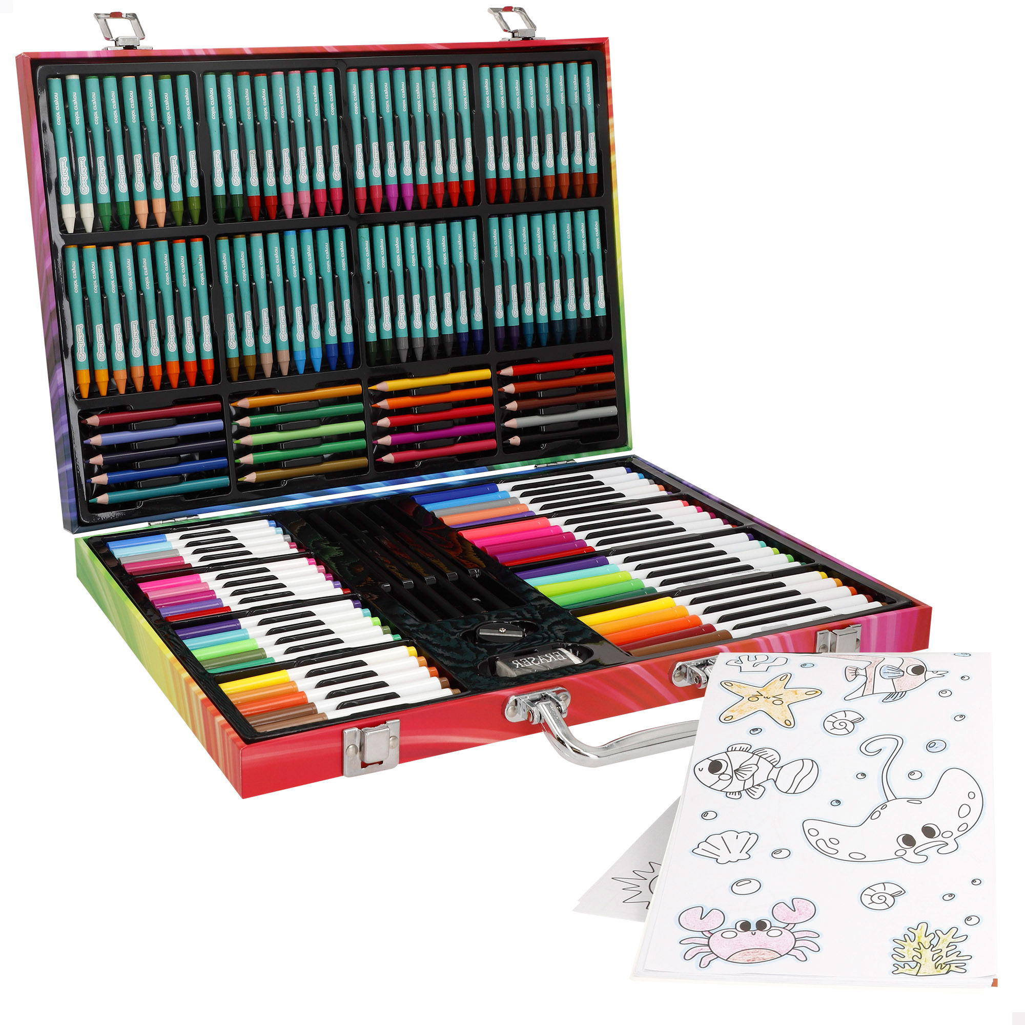 COLORBABY - Set de dibujo infantil infantil con 130 piezas, set de arte completo con lápices de grafito, de colores, rotuladores, ceras, borrador, sacapuntas, bloc de notas, en estuche metálico con asa