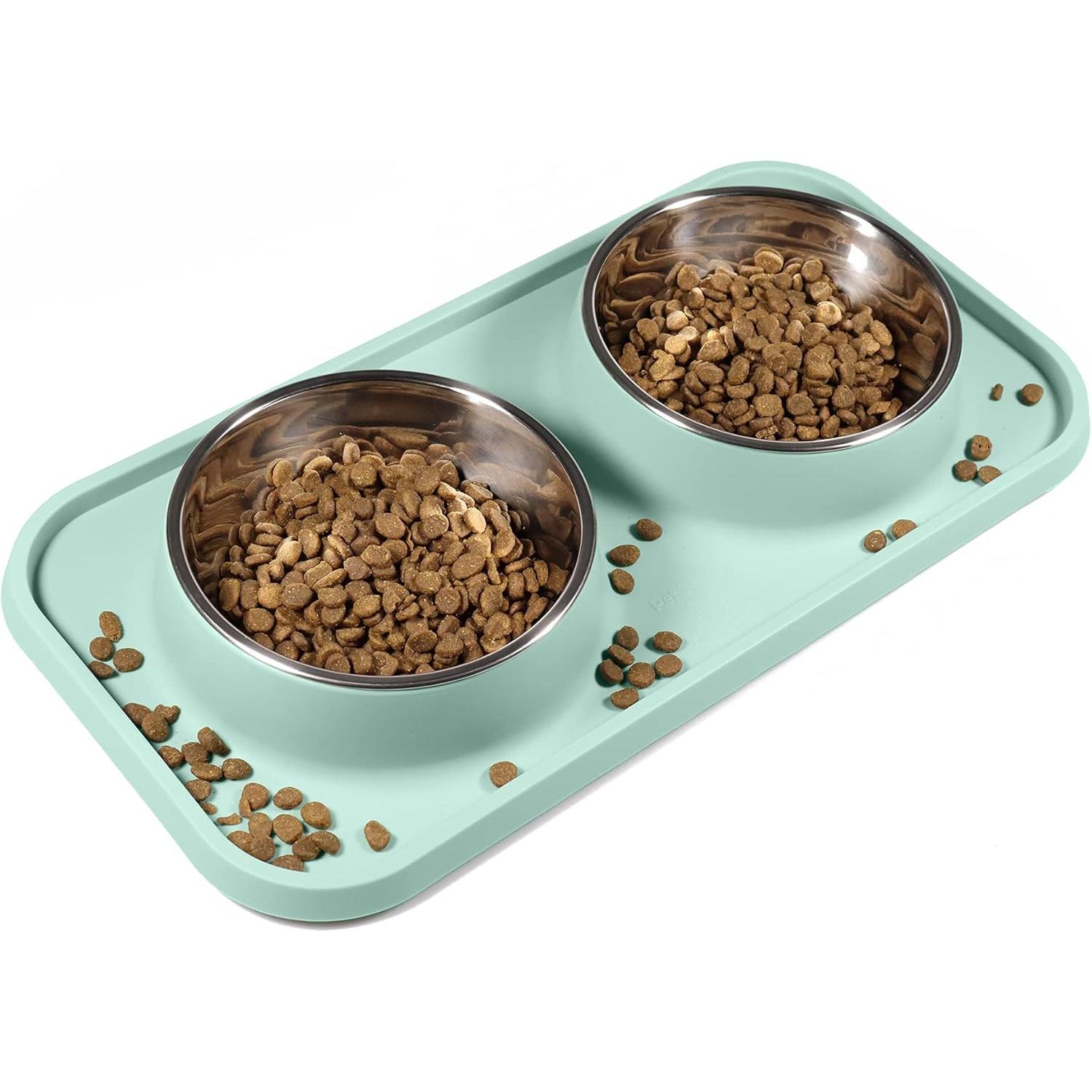 TK Cuencos de comida para perros y Gatos, cuencos para Gatos con tapetes de silicona antideslizantes y antideslizes con soporte, Platos De Comida y Agua de Maple inoxidable para Gatos y Perros Pequeños. Aguamarina