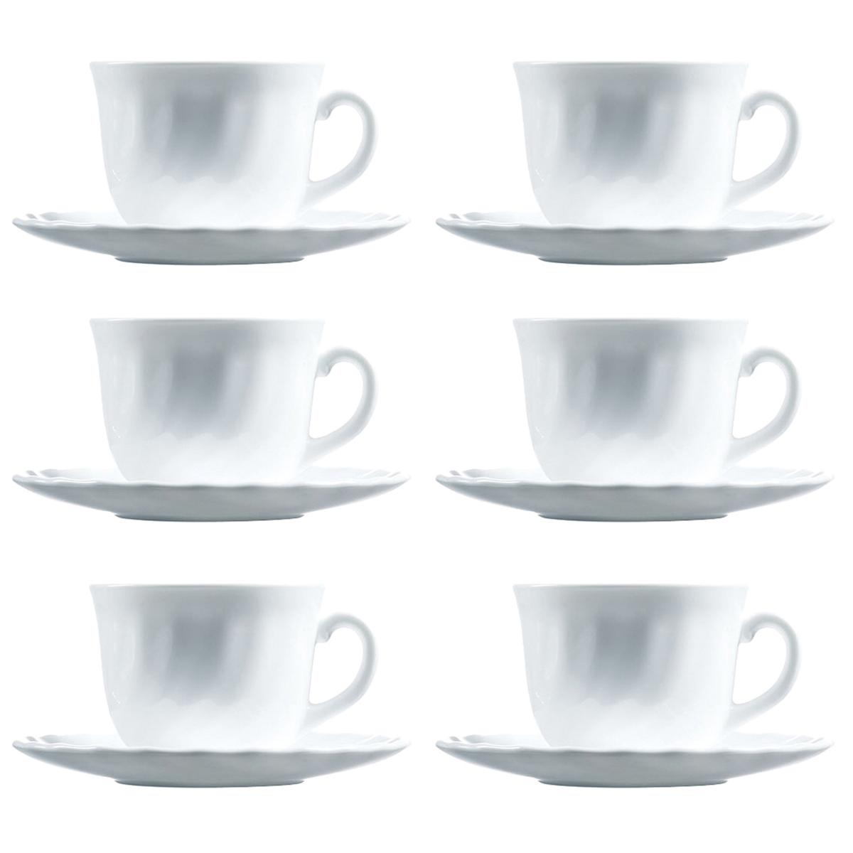 LUMINARC TRIANON Set 6 Tazas Con Plato Opal 22CL Blanco Brillo Fabricado en Francia Reciclable