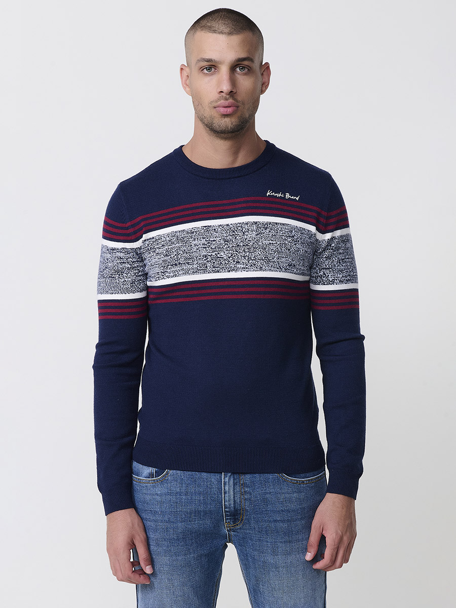 Koroshi - Jersey de punto tricot para hombre con rayas centrales en pecho, cuello redondo y manga larga — 51% viscosa, 21% poliamida, 28% poliéster