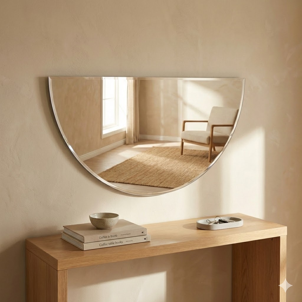 Espejo de Pared Semicircular Media Luna - Diseño Minimalista Estilo Japandi Sin Marco, Cristal HD para Baño, Recibidor, Salón y Tocador