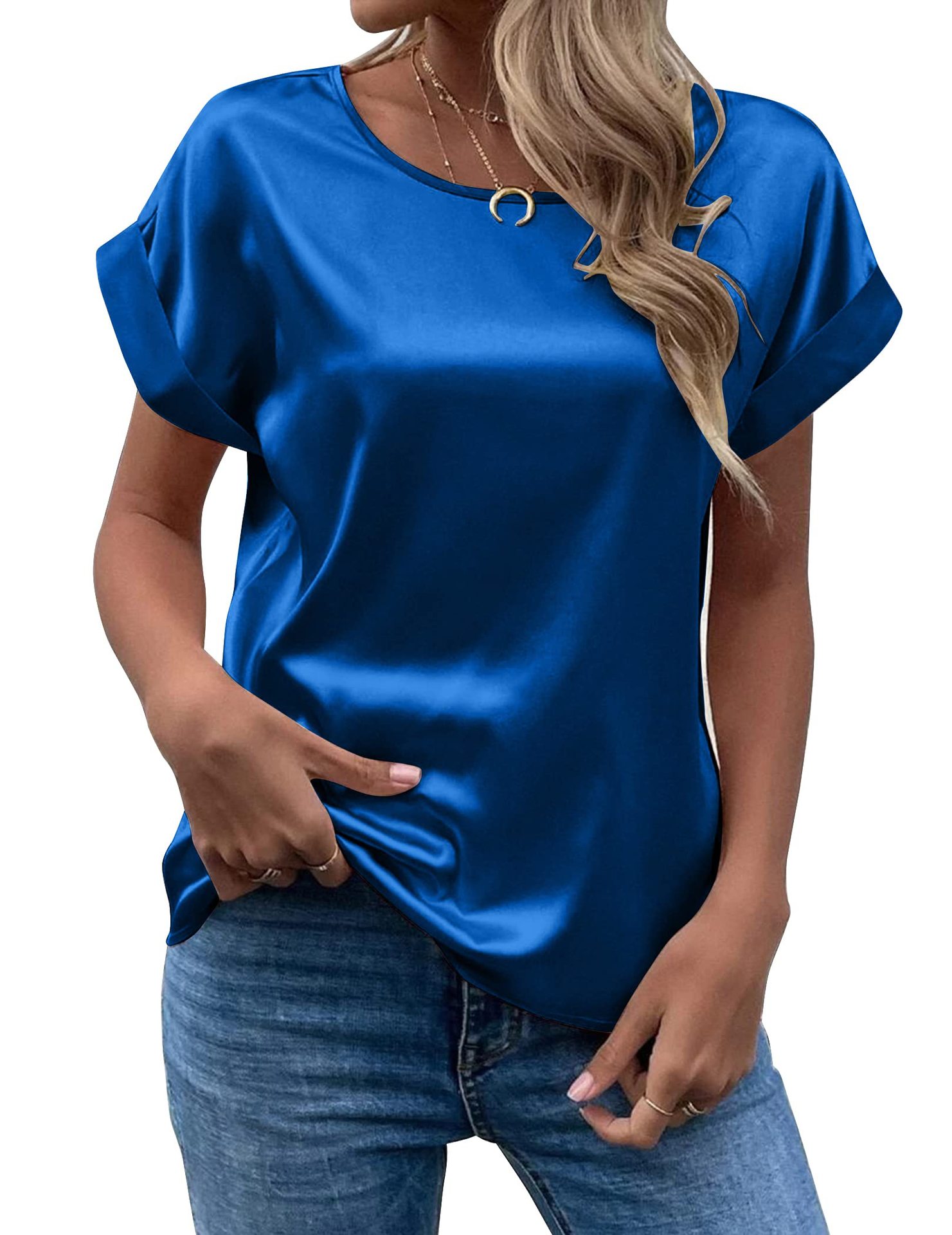 TK Camiseta De Seda Para Mujer Con Manga Corta Estilo Casual Cuello Redondo Colores Variados Talla Grande Primavera Verano