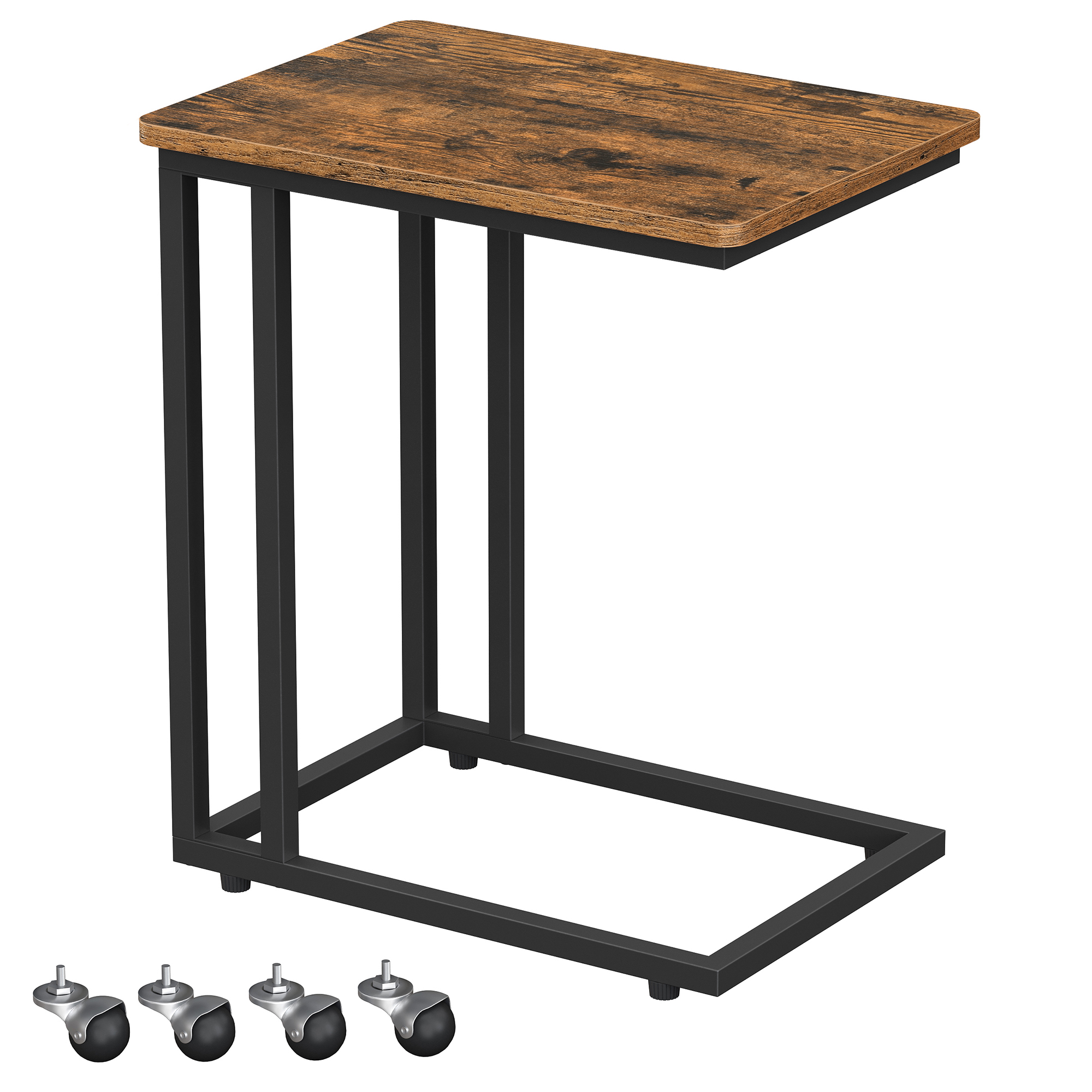 VASAGLE Mesa Auxiliar de Estilo Industrial, Mesa Lateral con Ruedas y Pies Ajustables, para Dormitorio, Marco de Acero, FÁcil de Montar, MarrÓn RÚstico y Negro/Negro Ébano