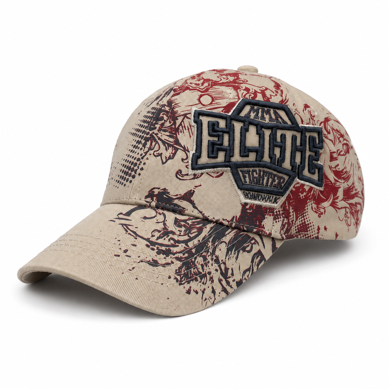 Gorra con Estampado Urbano Rojo, Gorra Ajustable con Visera Curva, Bordado Frontal Estilo MMA Elite Fighter, Diseño Streetwear Casual para Hombre y Mujer