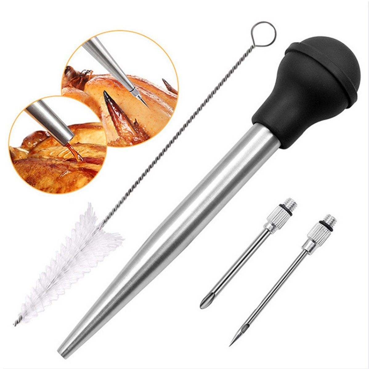 4 piezas - Jeringa para pavo - Jeringas para guarnición - para hornear, marinar y cocer a fuego lento - acero inoxidable - inyector de especias (1 cepillo de limpieza y 2 agujas para marinar)