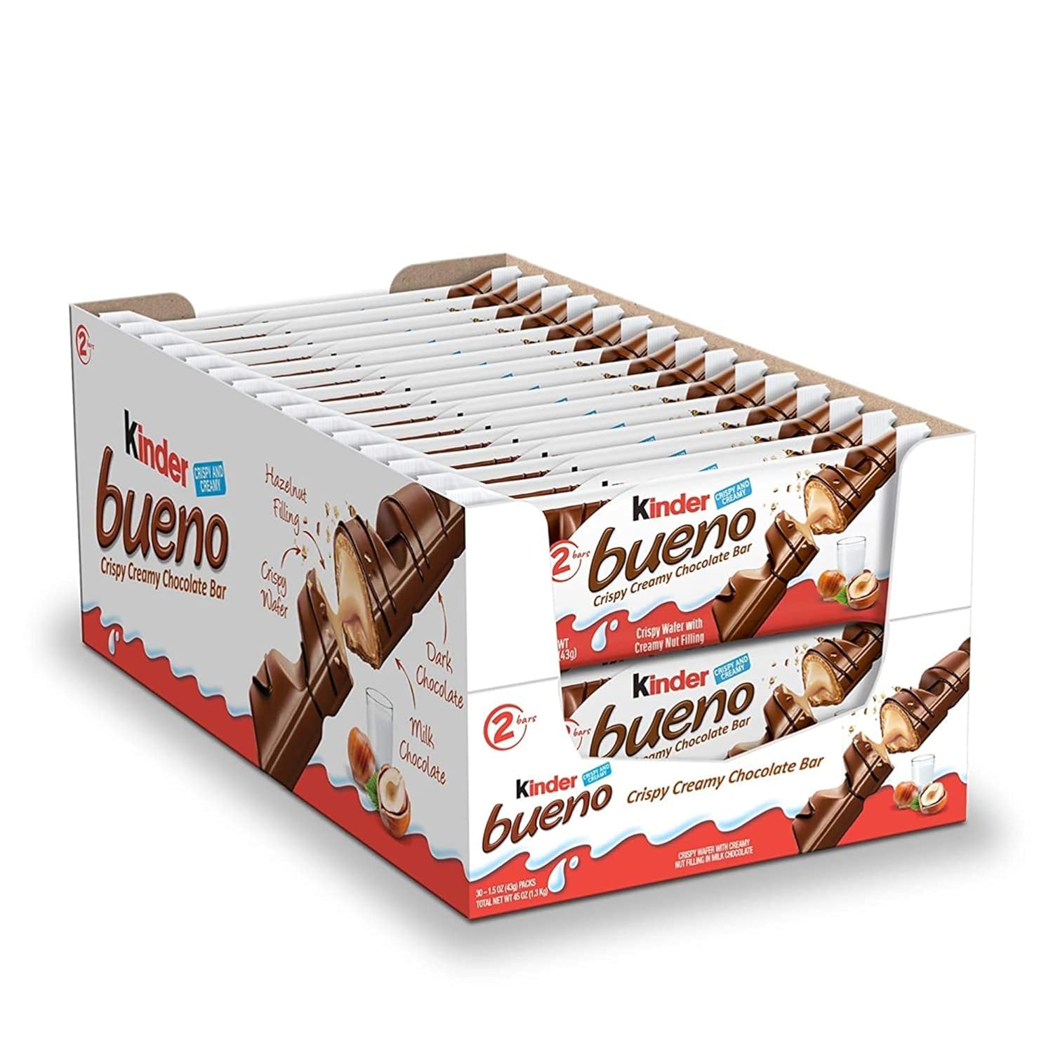 Kinder Bueno Chocolate con leche y crema de avellanas 1caja de 30*43g total  60 barras de chocolate