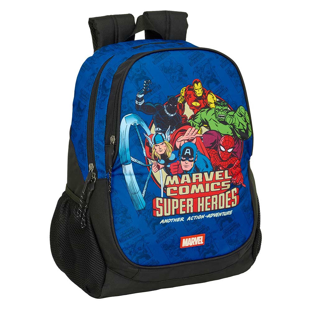 SAFTA | Mochila Escolar Guardería Avengers Marvel Comics Super Heroes Adaptable a Carro (Sin Carro), Compartimento Principal con Cremallera, Tarjeta Identificación, Asa Superior, Portabotellas Lateral